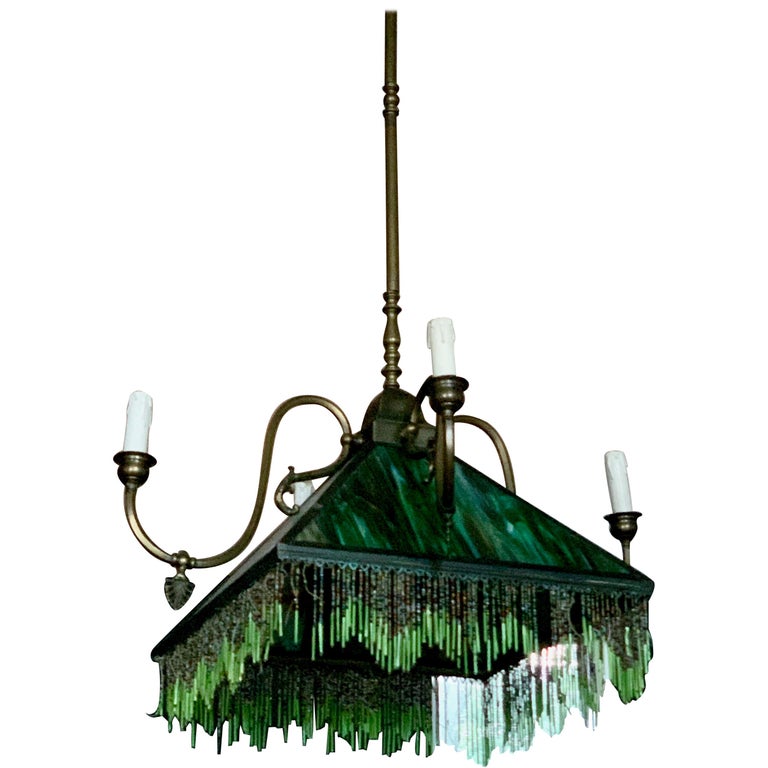 Mission Stained Glass l Emerald Green Chandelier Pendant Light Fixture  Bronzed For Sale at 1stDibs