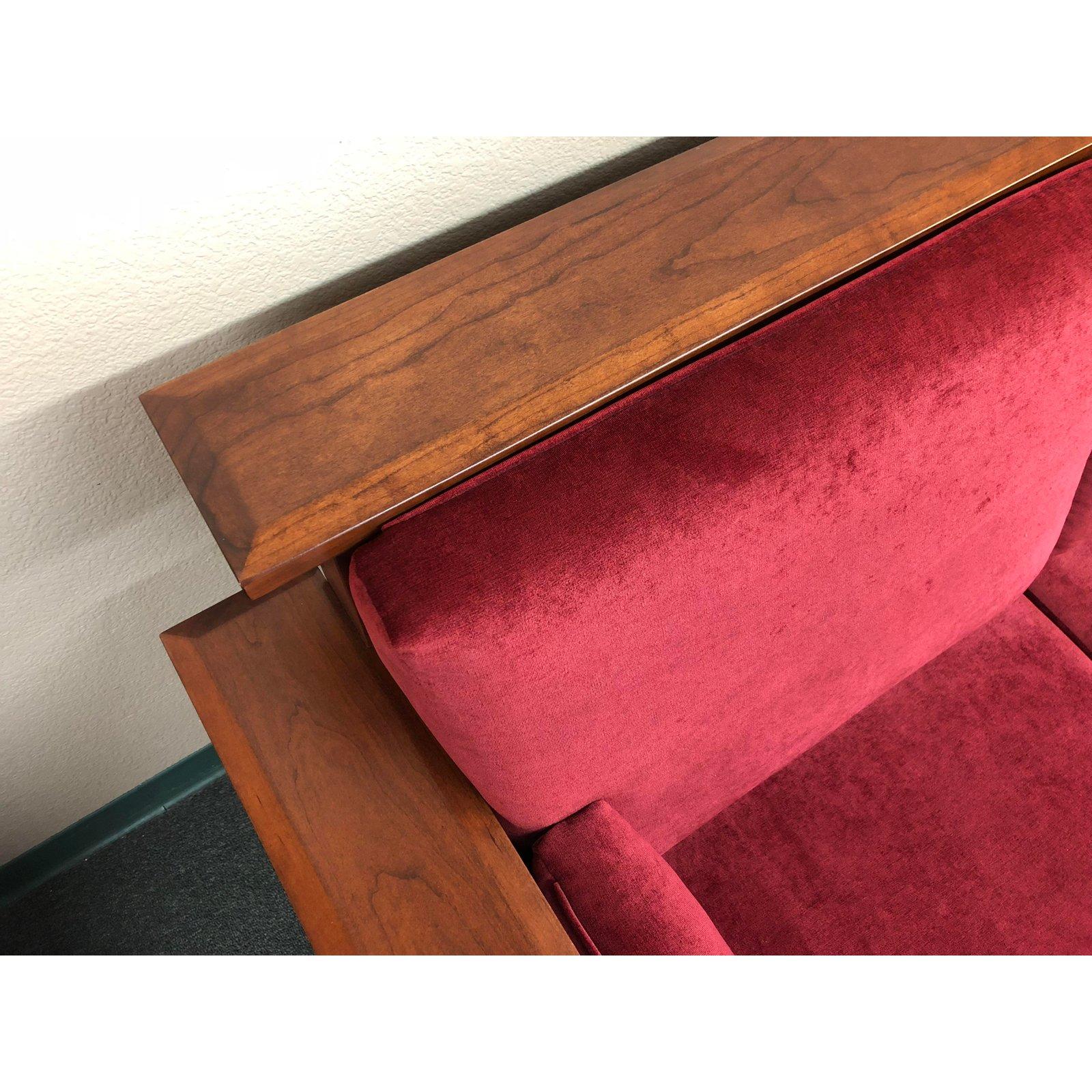 Mission Style AJ's Furniture Red Fabric Upholstered Oak McCoy Sofa In Good Condition For Sale In San Francisco, CA