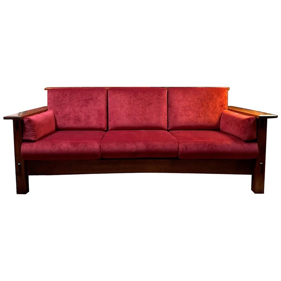 Mission Style AJ's Furniture Red Fabric Upholstered Oak McCoy Sofa For Sale