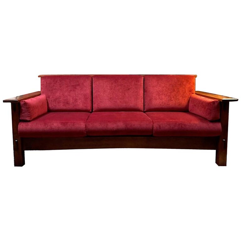 Mission Style AJ's Furniture Red Fabric Upholstered Oak McCoy Sofa For