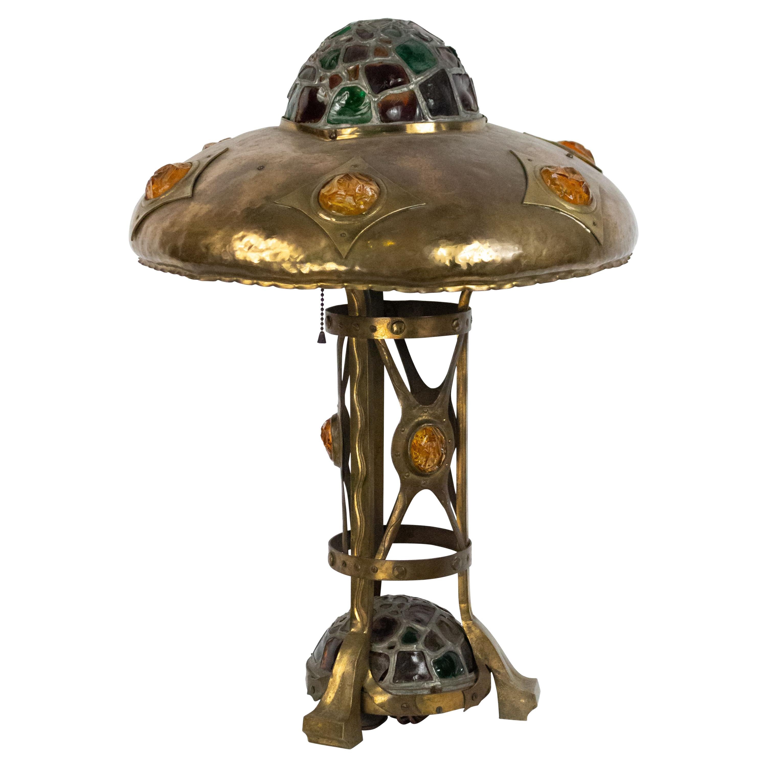 Mission Style Brass and Slag Glass Table Lamp For Sale