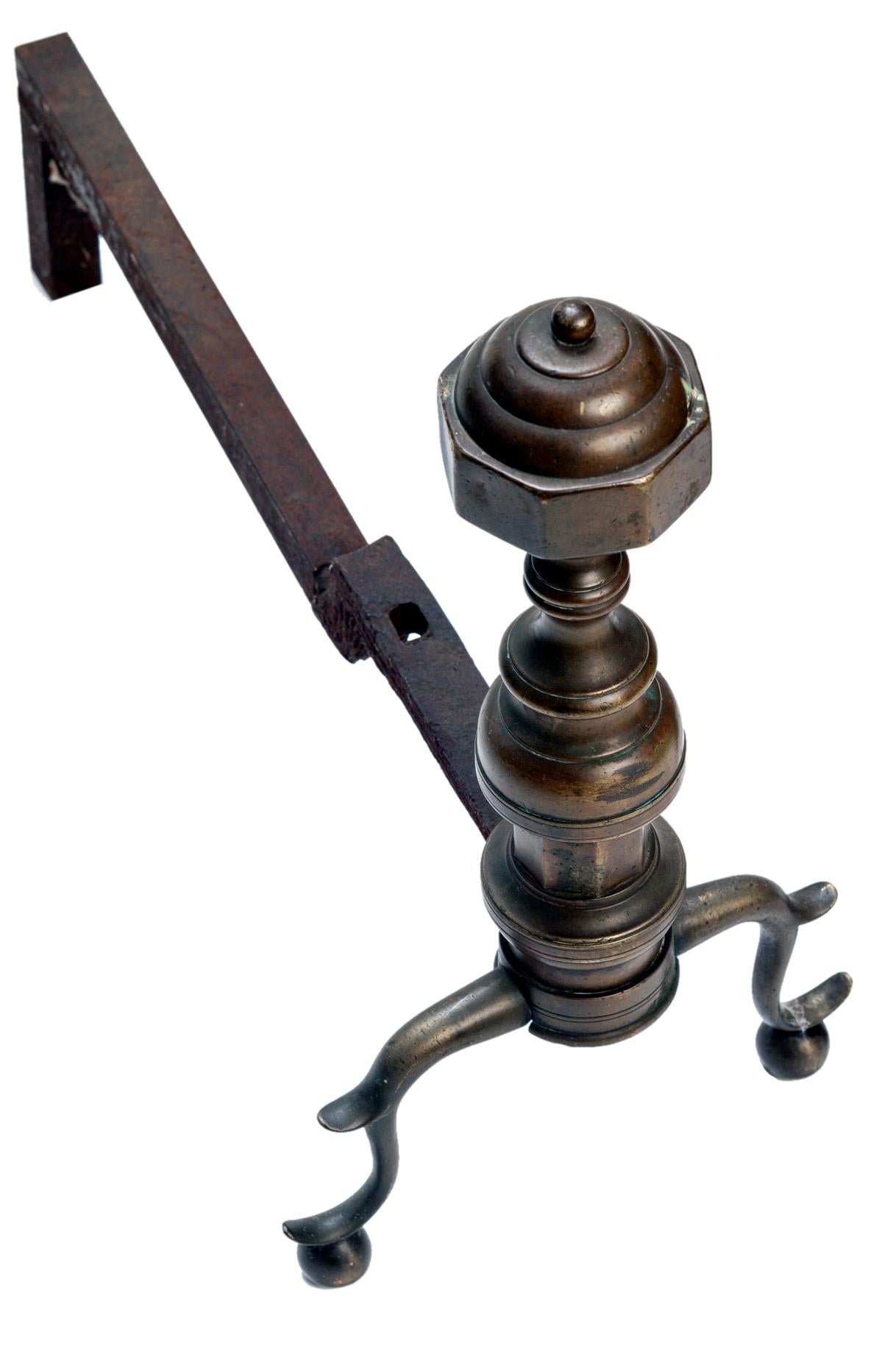 Hand-Crafted Mission Style Brass/Bronze & Iron Andirons For Sale