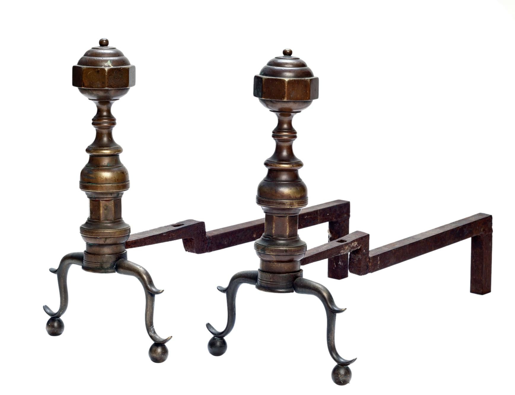 Mission Style Brass/Bronze & Iron Andirons In Good Condition For Sale In Malibu, CA
