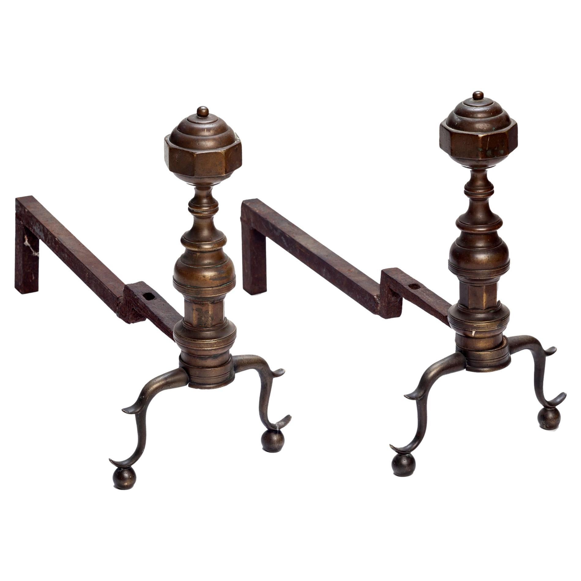 An impressive pair of large Arts and Crafts andirons, created with wrought iron with brass body & crowns.
Both are in very good condition, free of structural damage, or repairs. 