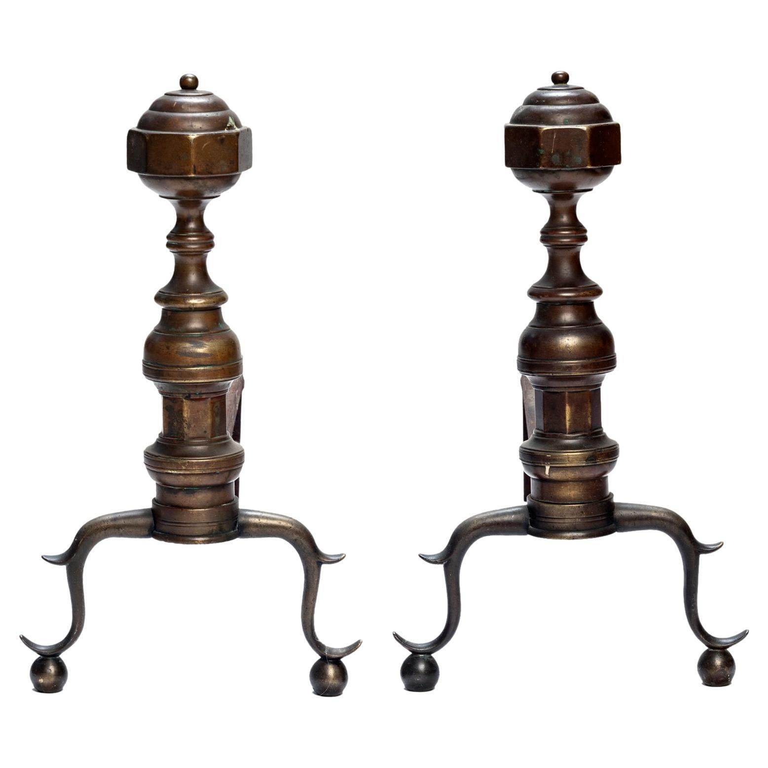 Mission Style Brass/Bronze & Iron Andirons