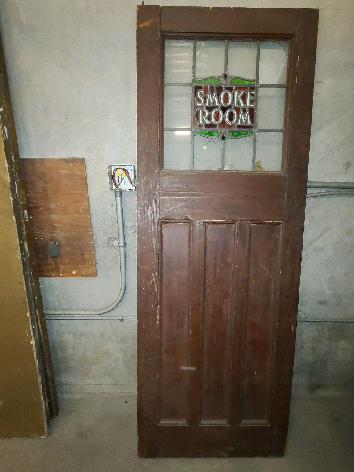 Mid-Century Modern Mission Style Smoking Room Stained Glass Oak Swinging Door, Circa 1910 For Sale
