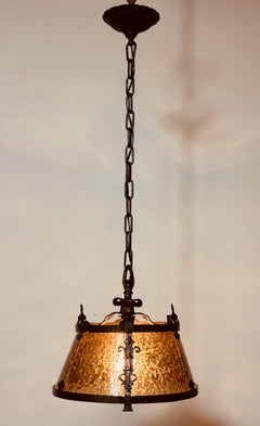 Mission / Arts and Crafts Style Wrought Iron and Glass Light Fixture