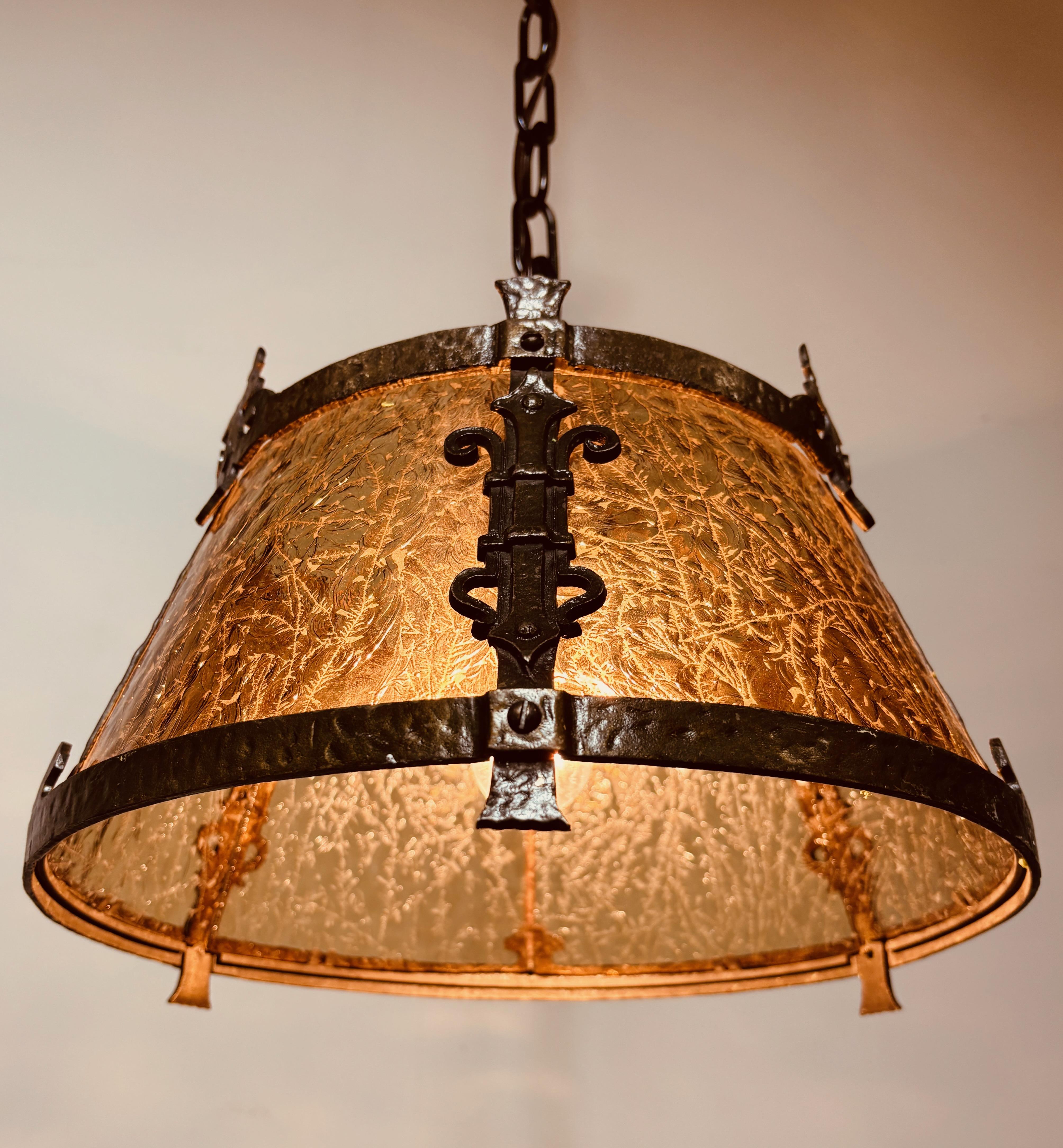 American Mission / Arts and Crafts Style Wrought Iron and Glass Light Fixture For Sale