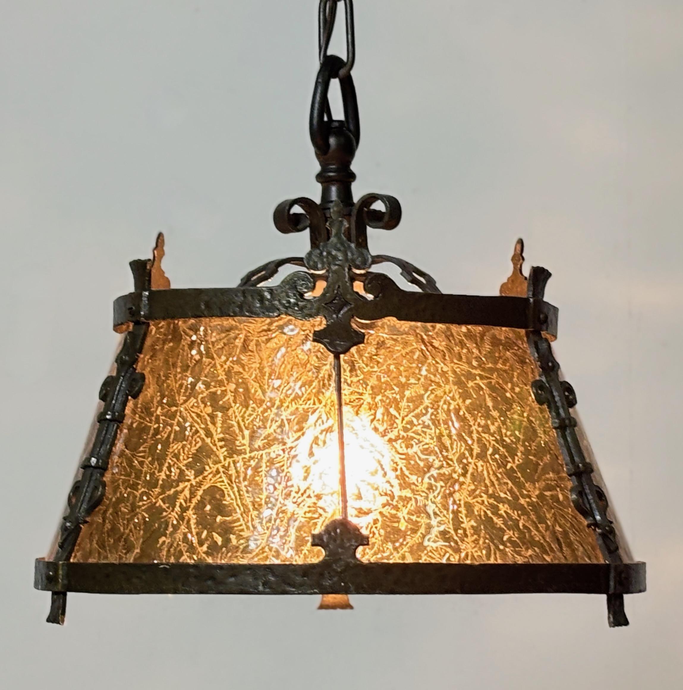 Mission / Arts and Crafts Style Wrought Iron and Glass Light Fixture In Good Condition For Sale In San Francisco, CA
