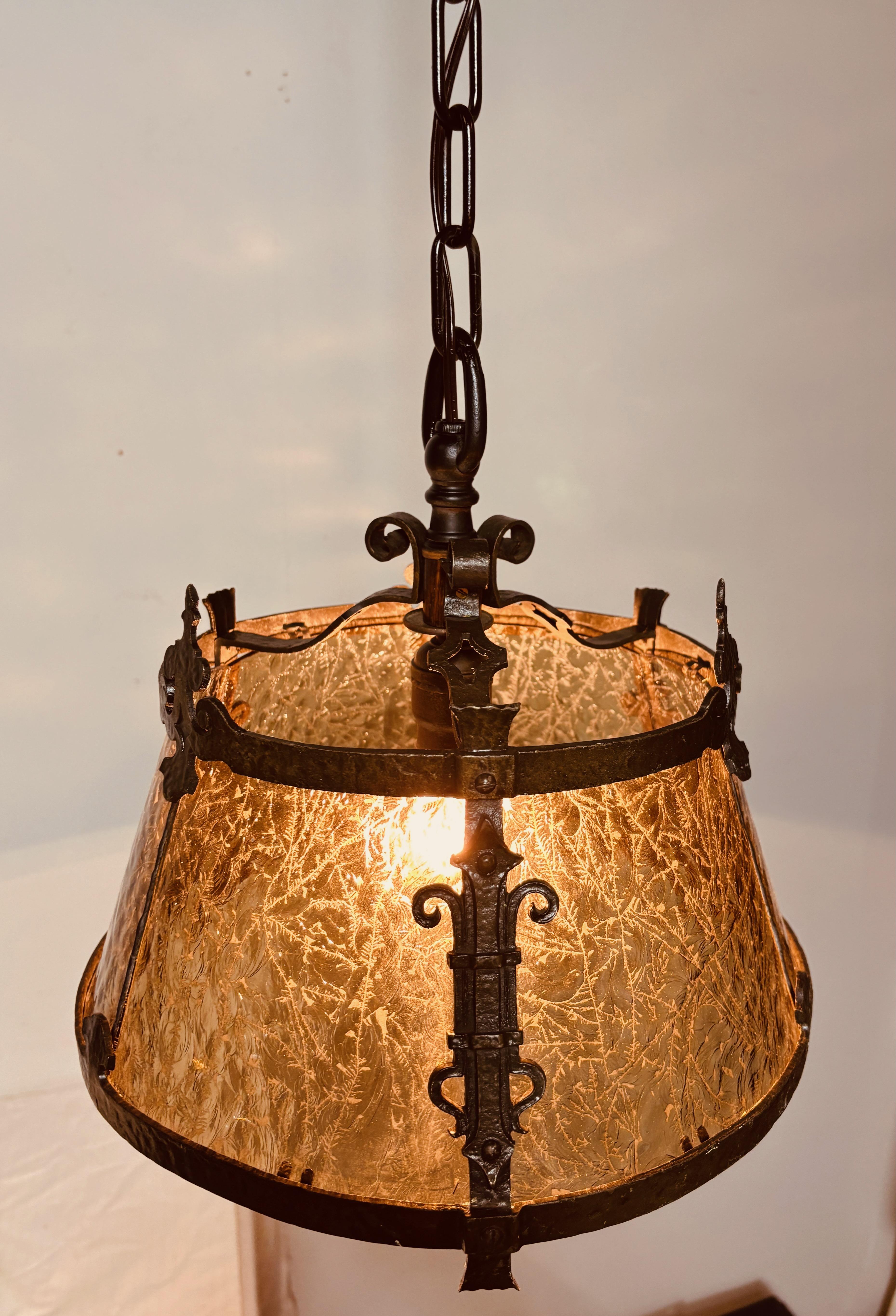 20th Century Mission / Arts and Crafts Style Wrought Iron and Glass Light Fixture For Sale