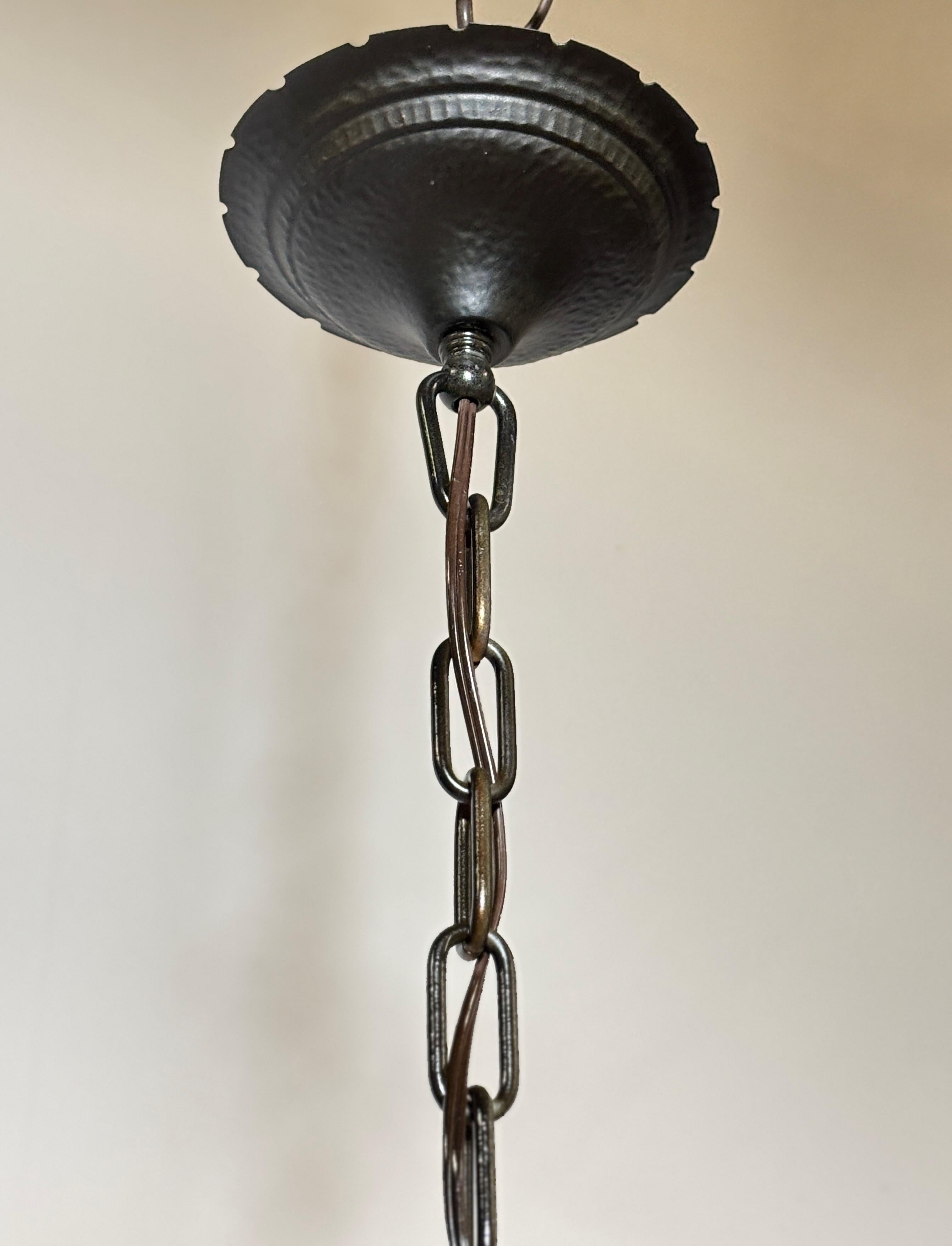 Mission / Arts and Crafts Style Wrought Iron and Glass Light Fixture For Sale 2