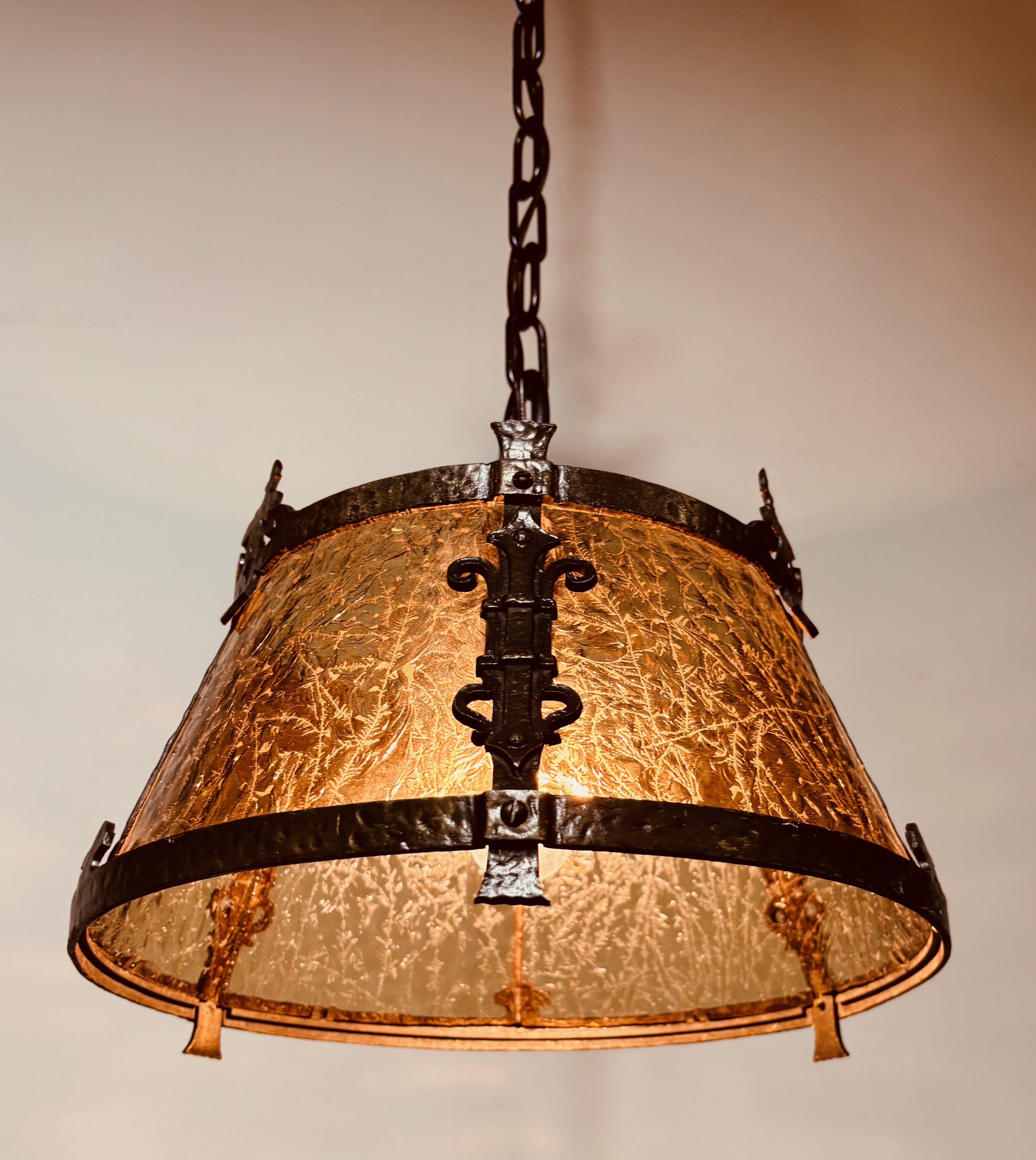 Mission / Arts and Crafts Style Wrought Iron and Glass Light Fixture For Sale 3