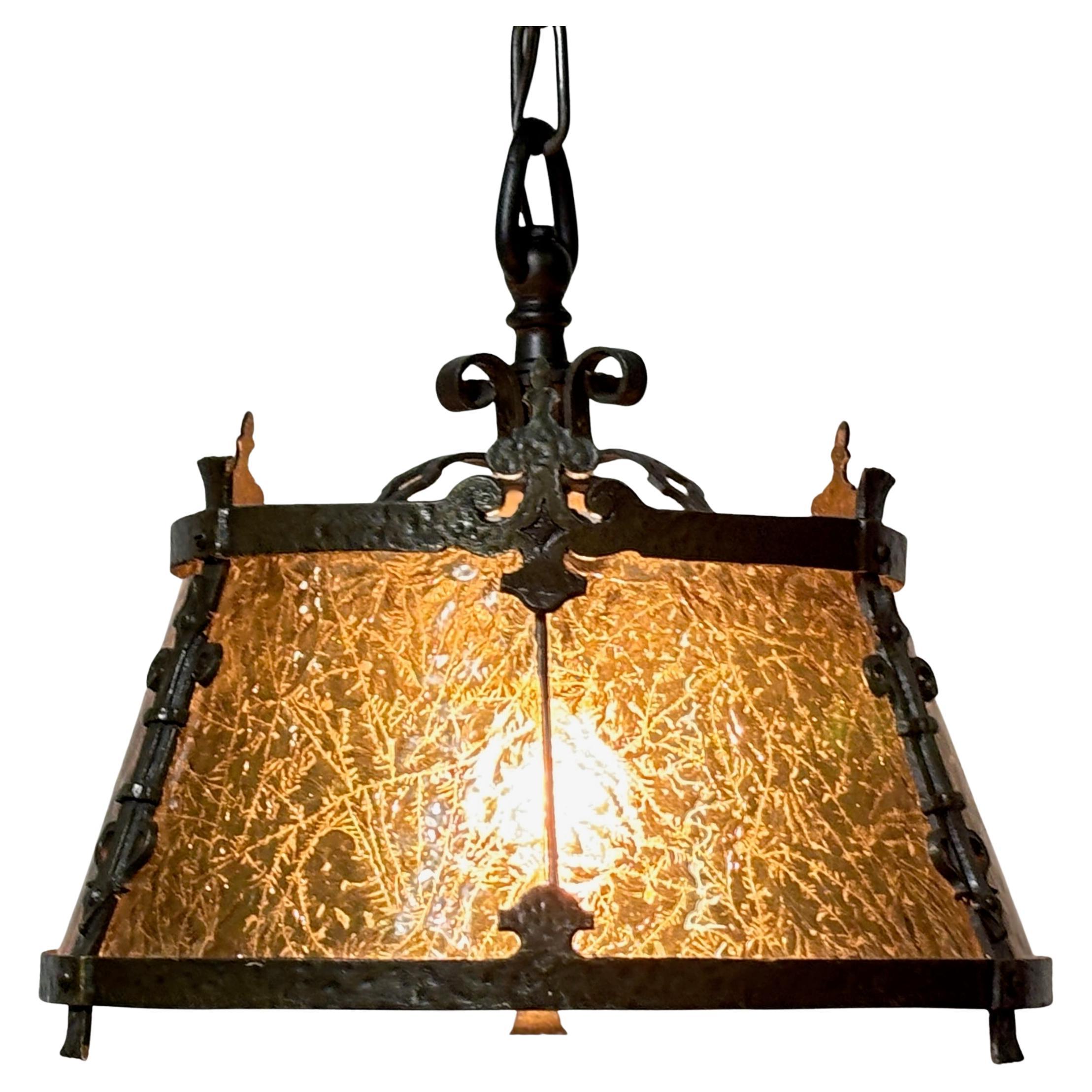 Mission / Arts and Crafts Style Wrought Iron and Glass Light Fixture