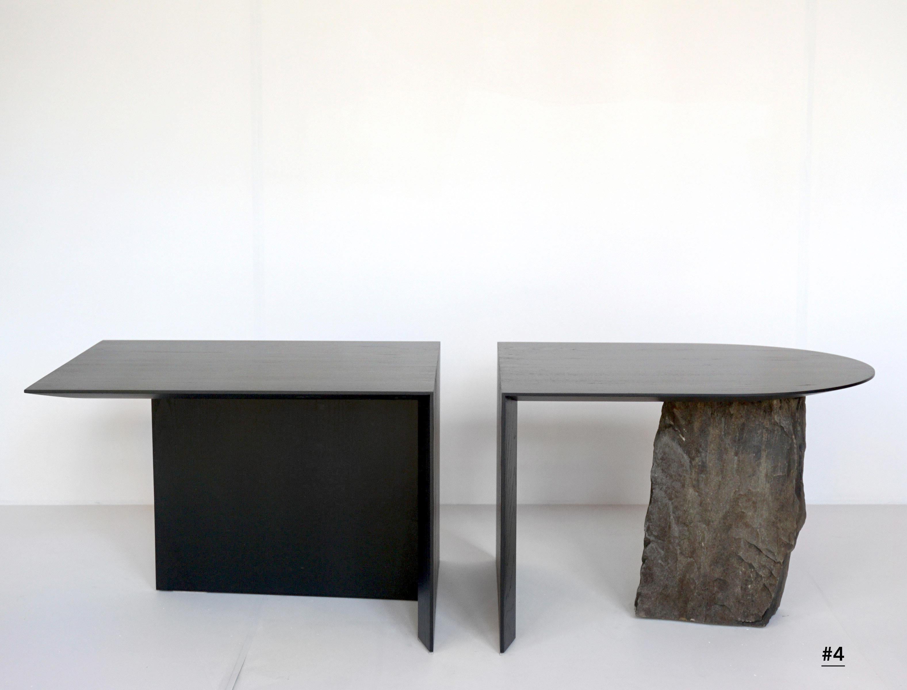 Missisquoi 01 is a numbered and asymmetrical two part coffee or cocktail table, with a space that divides it as the river divides the Missisquoi Valley. The black ashwood was felled, milled and dried near the studio, and the stone is from the