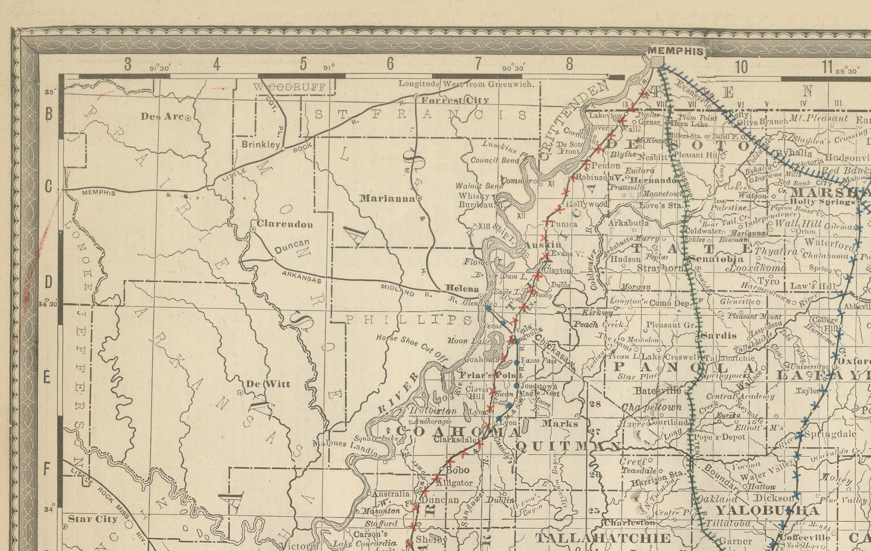 Mappa del Mississippi 1888 - Litografia antica di Rand McNally

Questa antica mappa del Mississippi del 1888, pubblicata da Rand, McNally & Co., fornisce una rappresentazione altamente dettagliata dello stato durante l'era post-Ricostruzione.