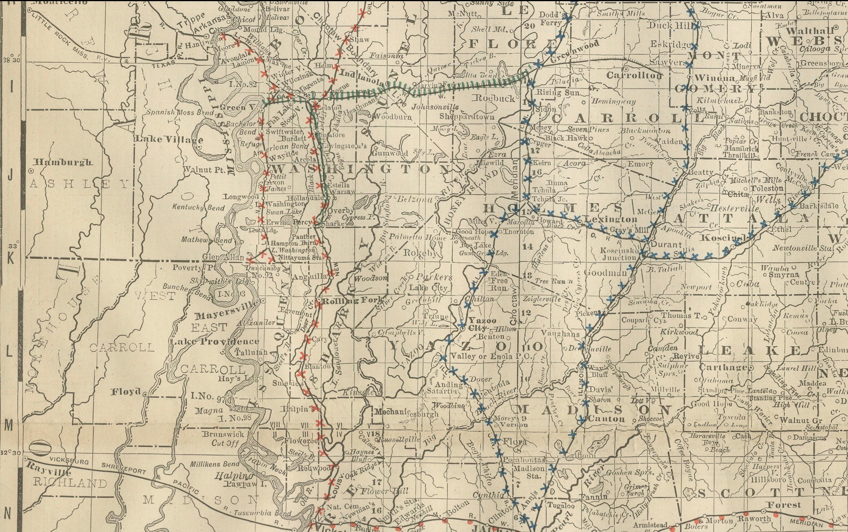 Americano Mappa antica del Mississippi 1888 - Lo Stato della Magnolia, ferrovie e contee in vendita