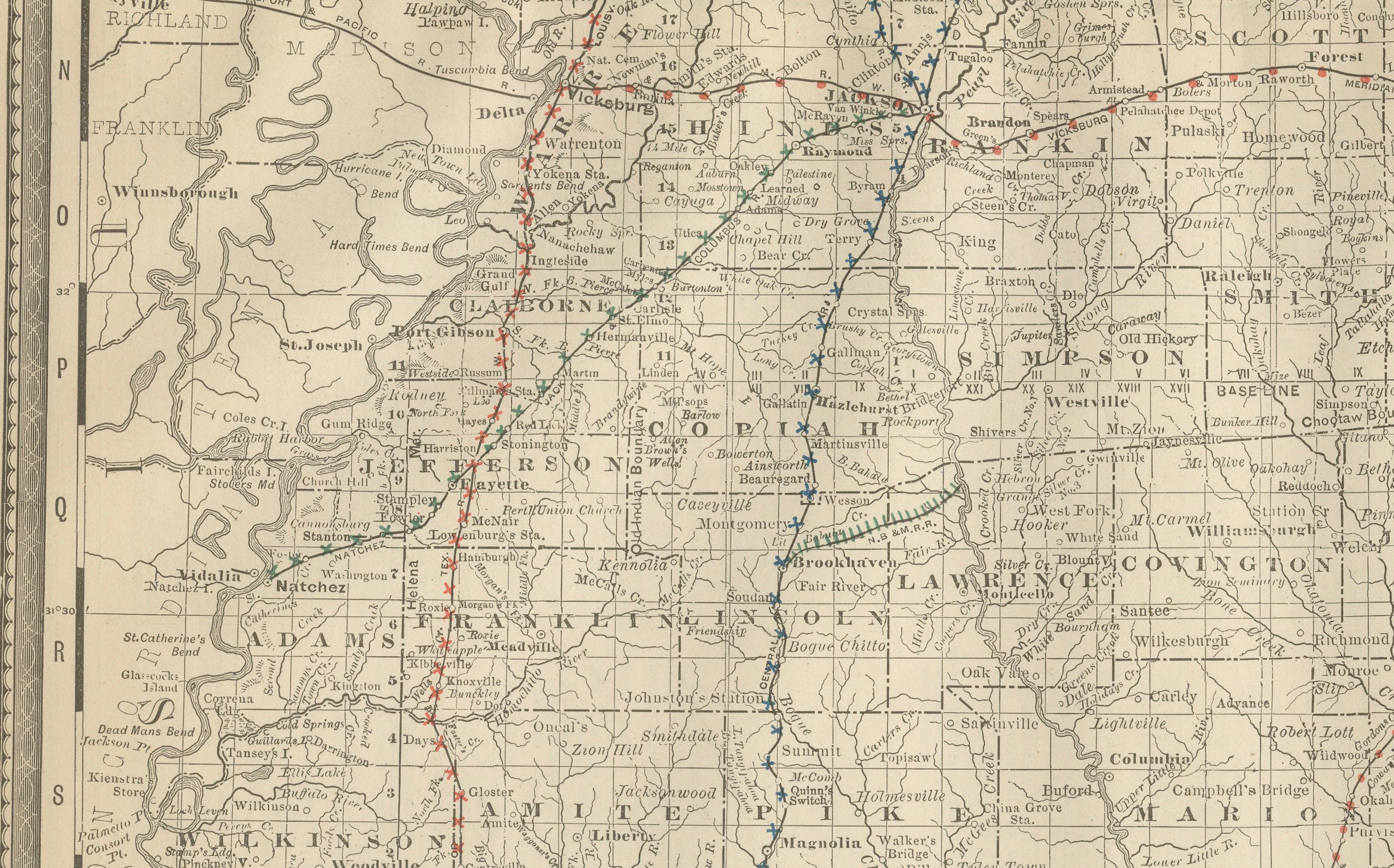 Inciso Mappa antica del Mississippi 1888 - Lo Stato della Magnolia, ferrovie e contee in vendita