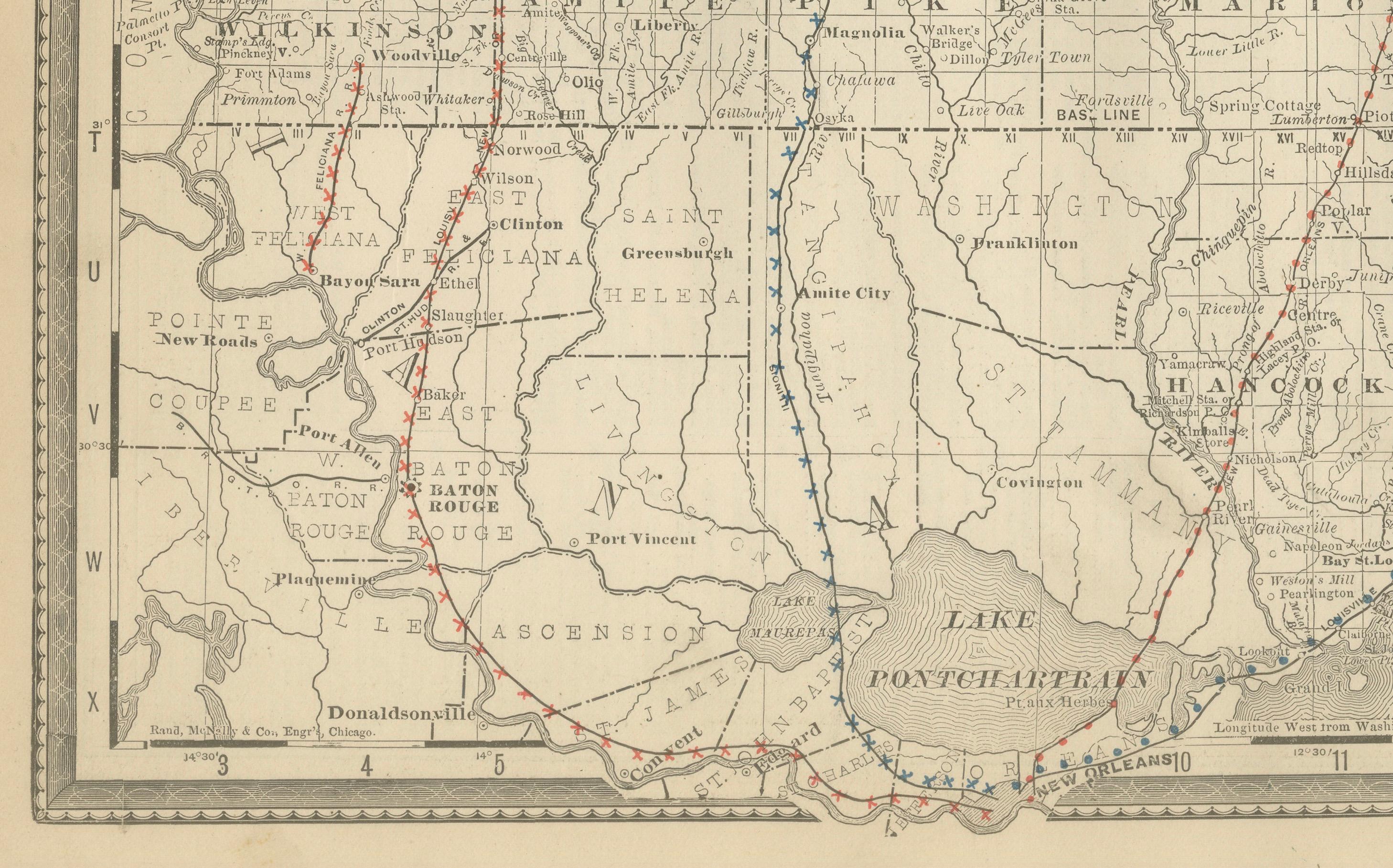 Mappa antica del Mississippi 1888 - Lo Stato della Magnolia, ferrovie e contee In condizioni buone in vendita a Langweer, NL