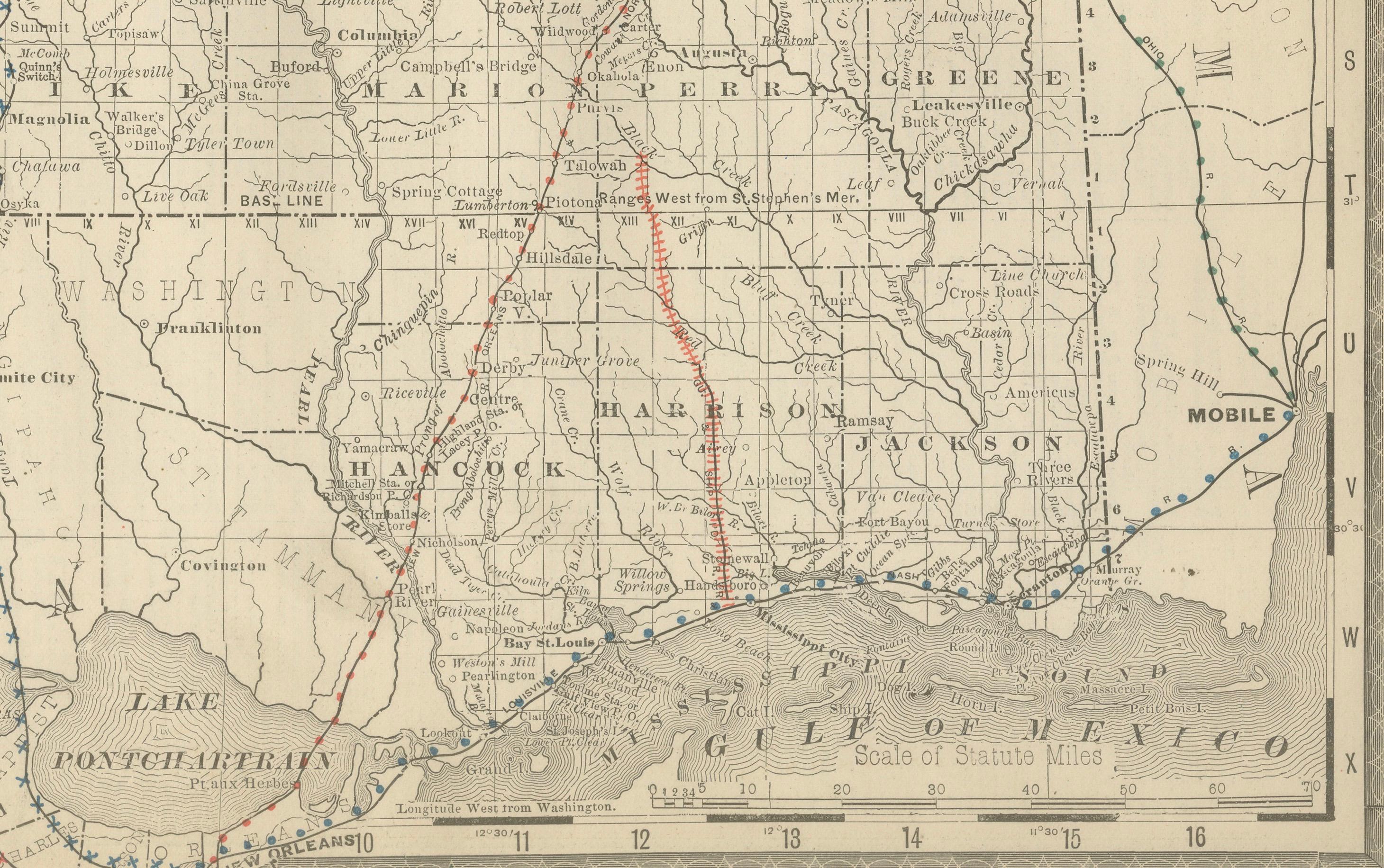 XIX secolo Mappa antica del Mississippi 1888 - Lo Stato della Magnolia, ferrovie e contee in vendita
