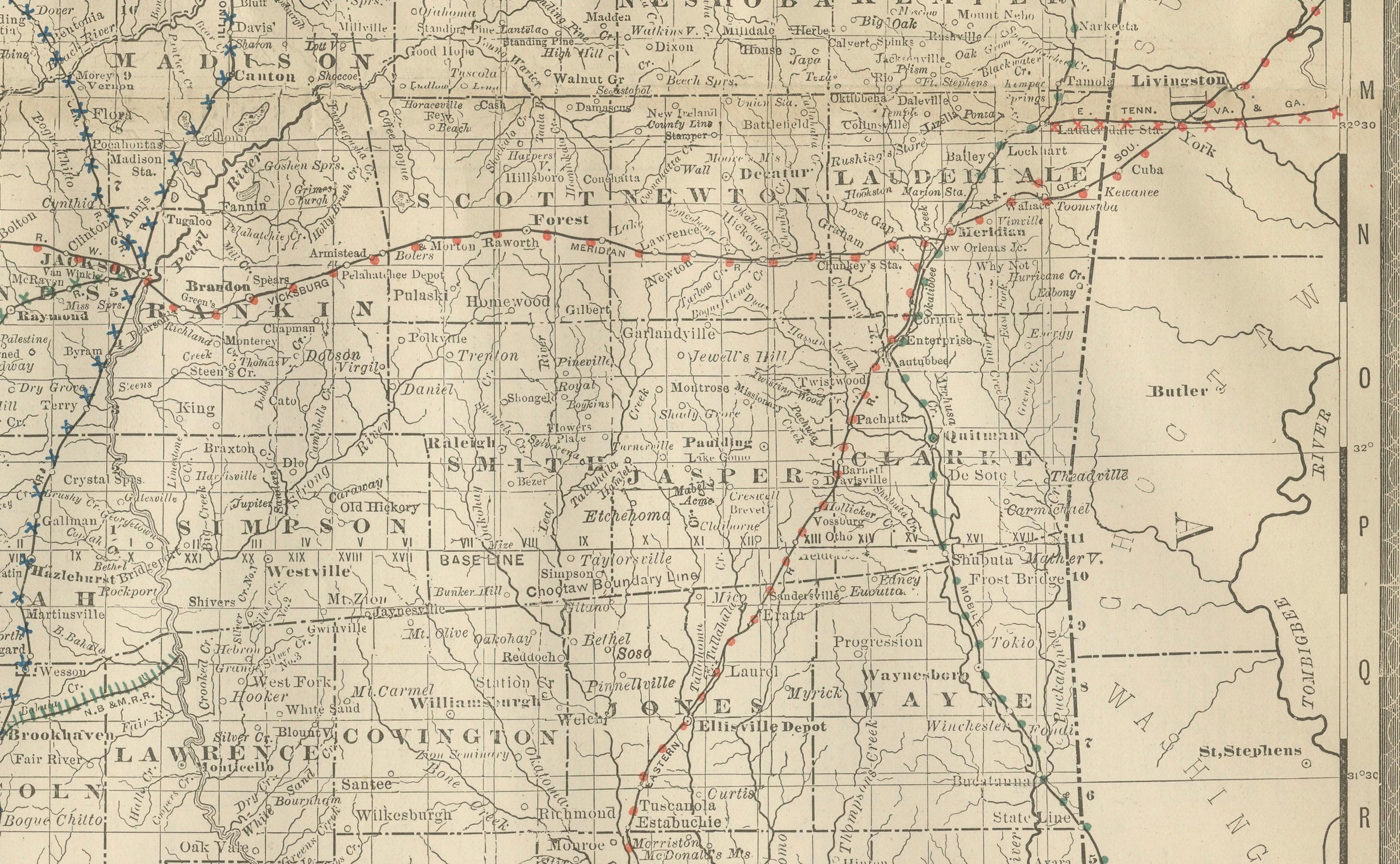 Carta Mappa antica del Mississippi 1888 - Lo Stato della Magnolia, ferrovie e contee in vendita