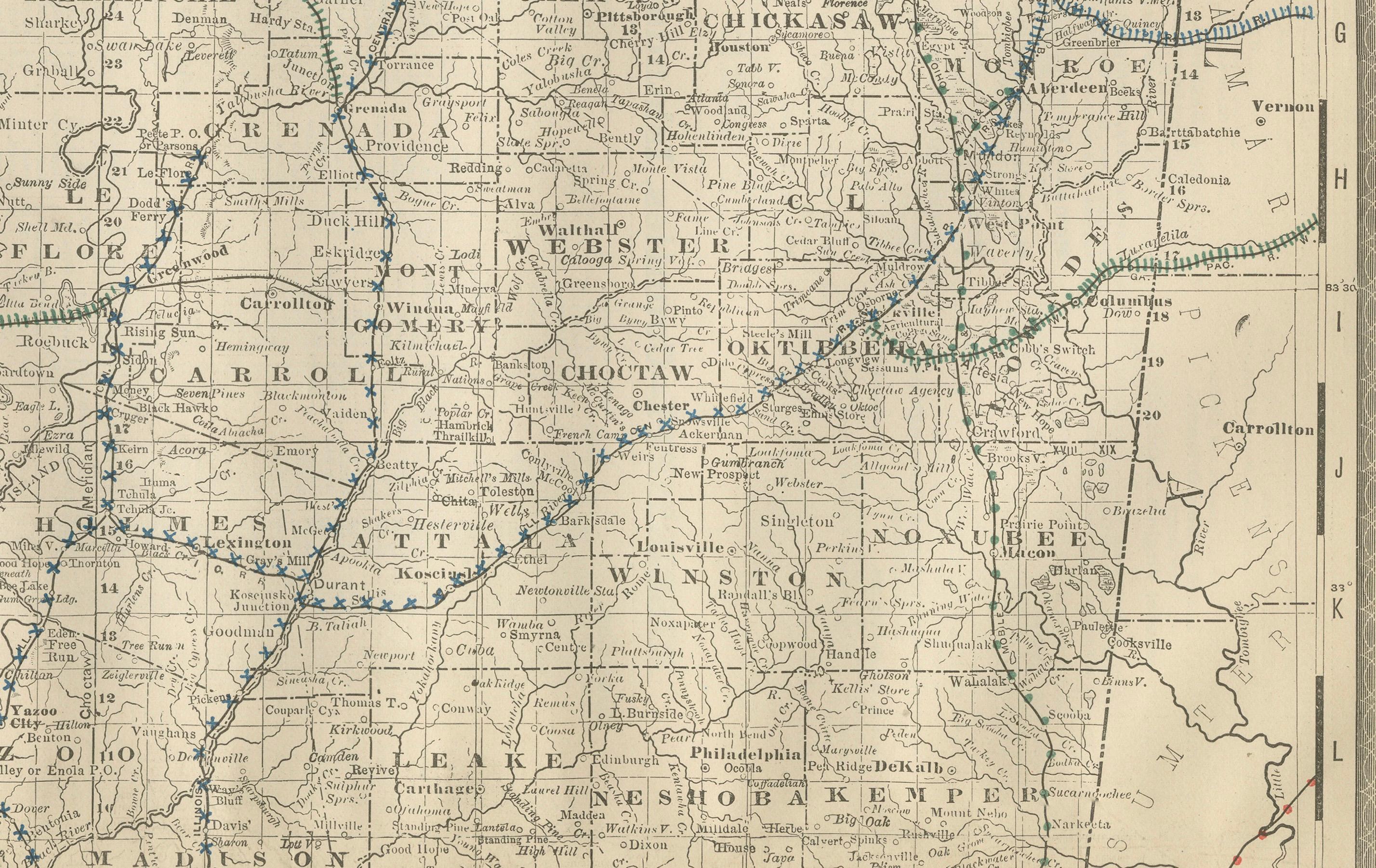 Mappa antica del Mississippi 1888 - Lo Stato della Magnolia, ferrovie e contee in vendita 1