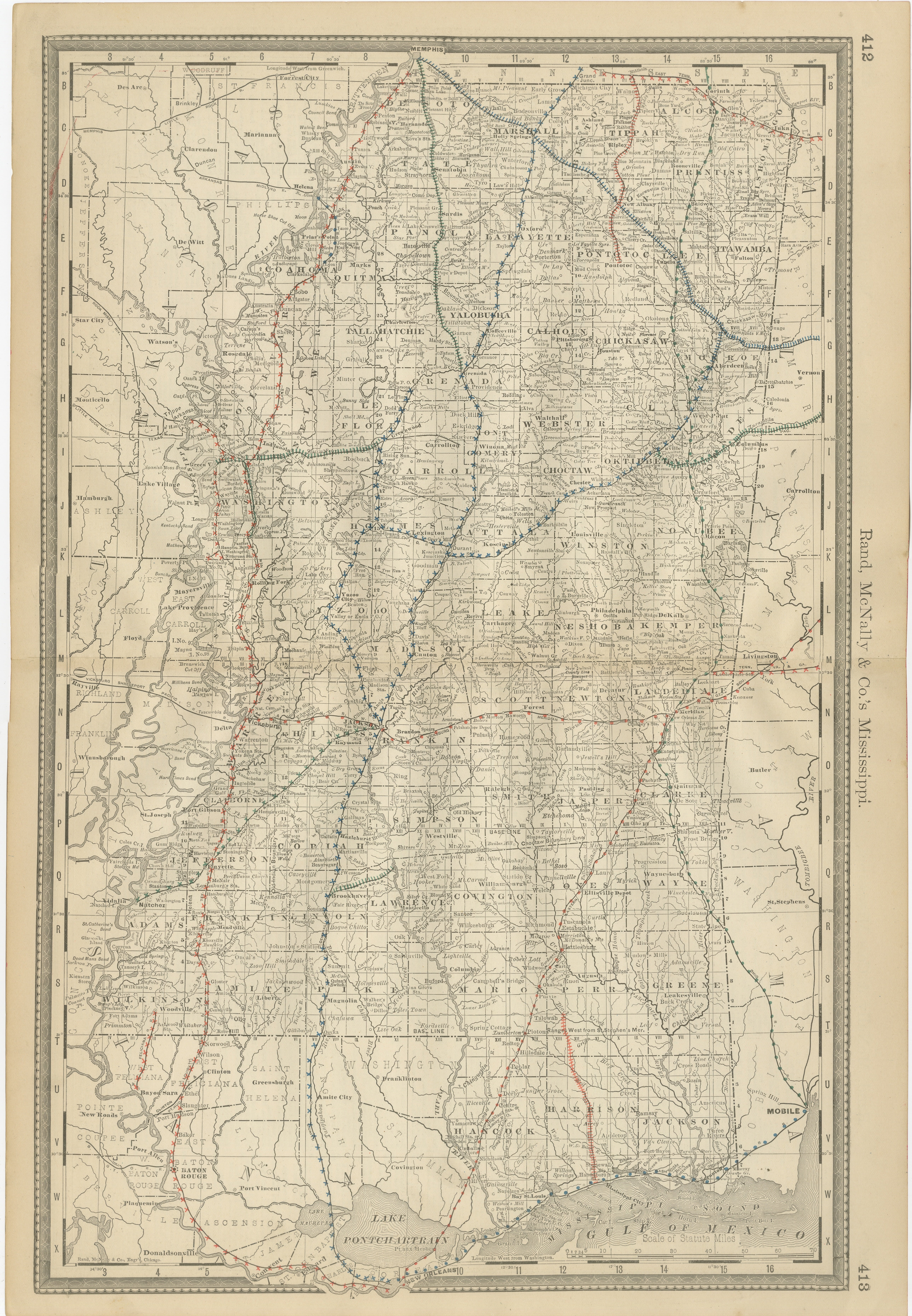 Mappa antica del Mississippi 1888 - Lo Stato della Magnolia, ferrovie e contee
