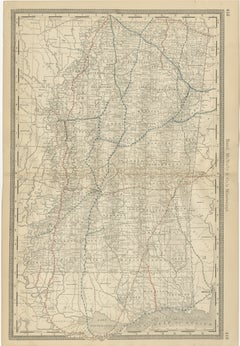 Mappa antica del Mississippi 1888 - Lo Stato della Magnolia, ferrovie e contee