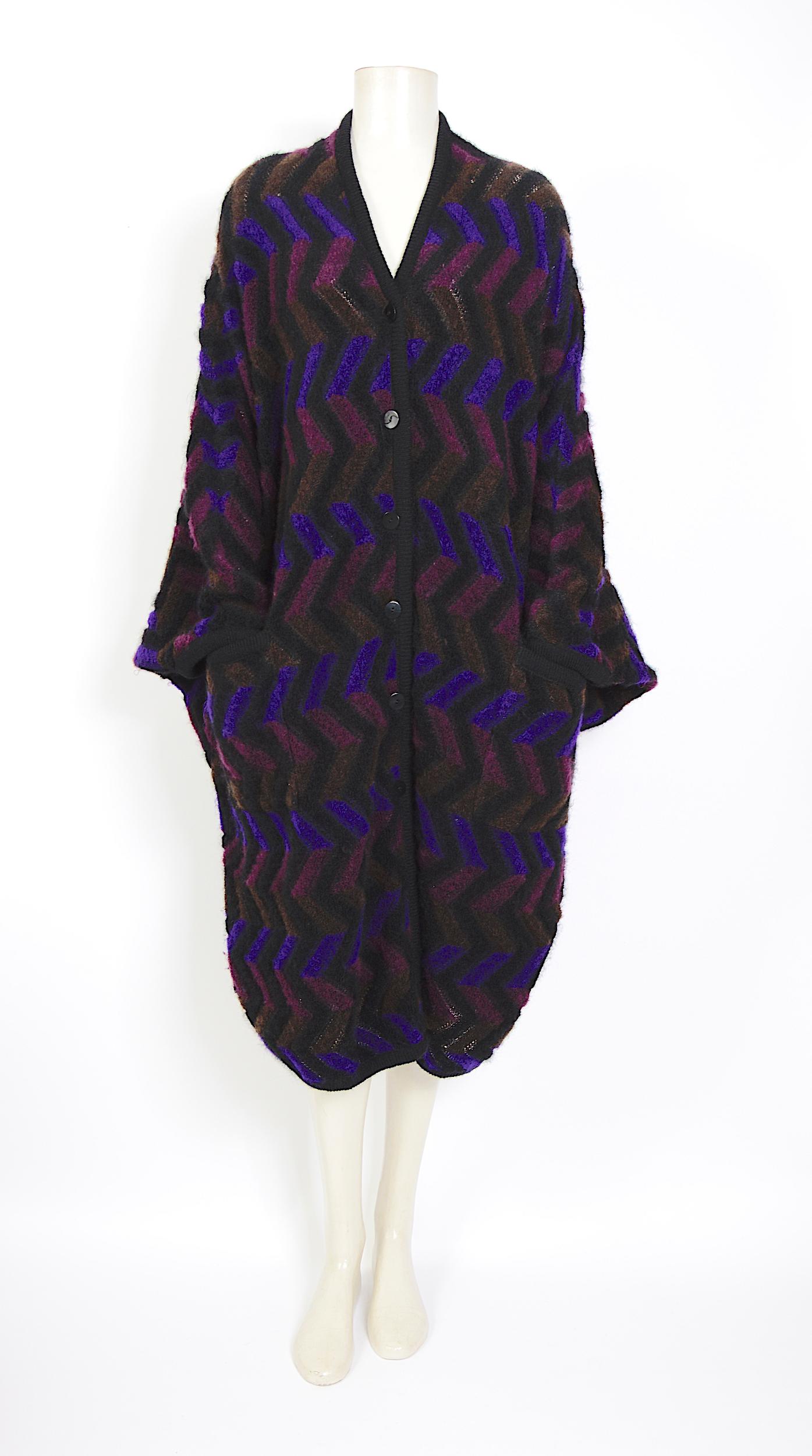 Black Missoni vintage 1980s multi-color batwing sleeves oversized wool cardigan coat For Sale