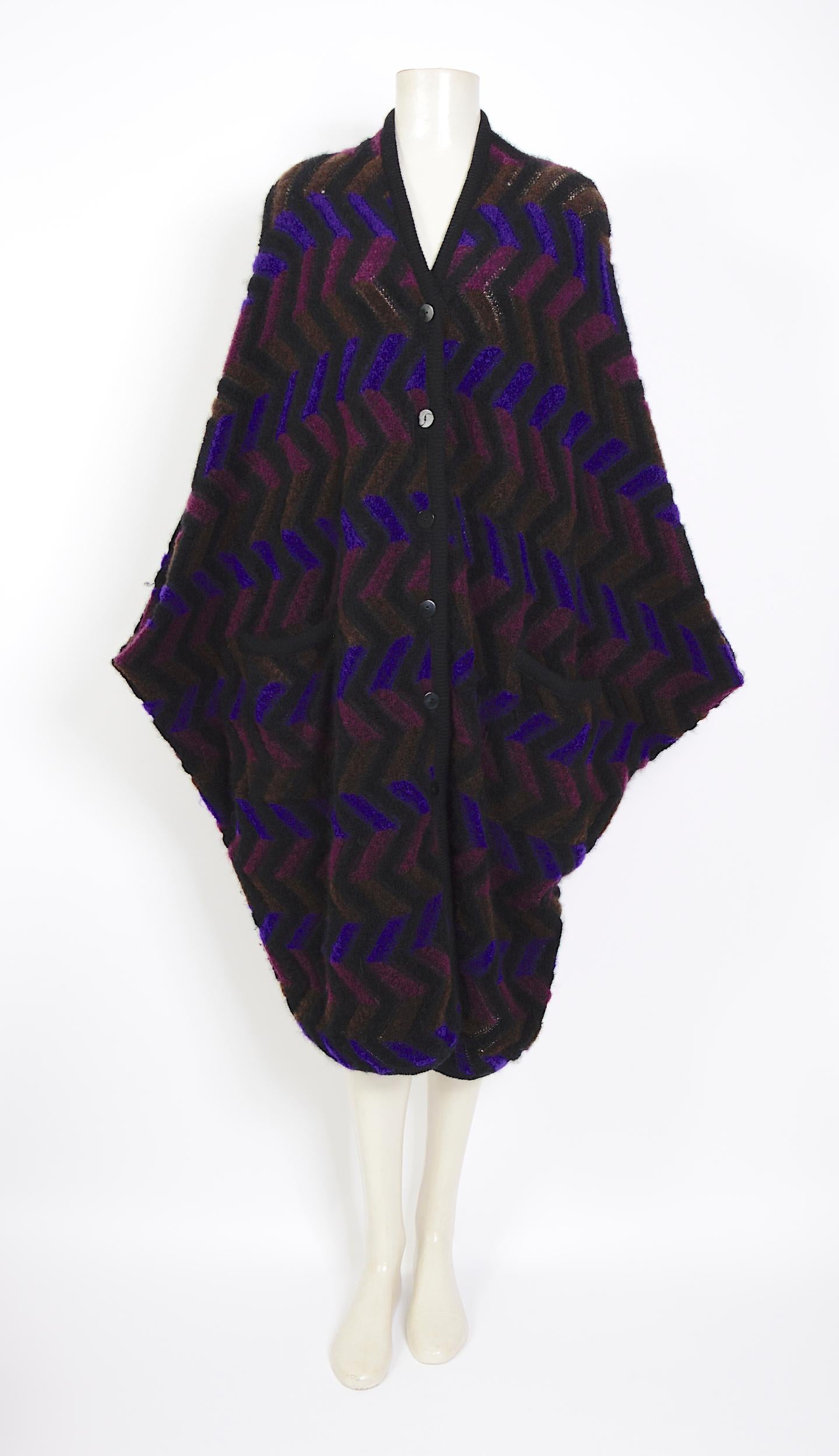 Missoni vintage 1980s multi-color batwing sleeves oversized wool cardigan coat For Sale 1
