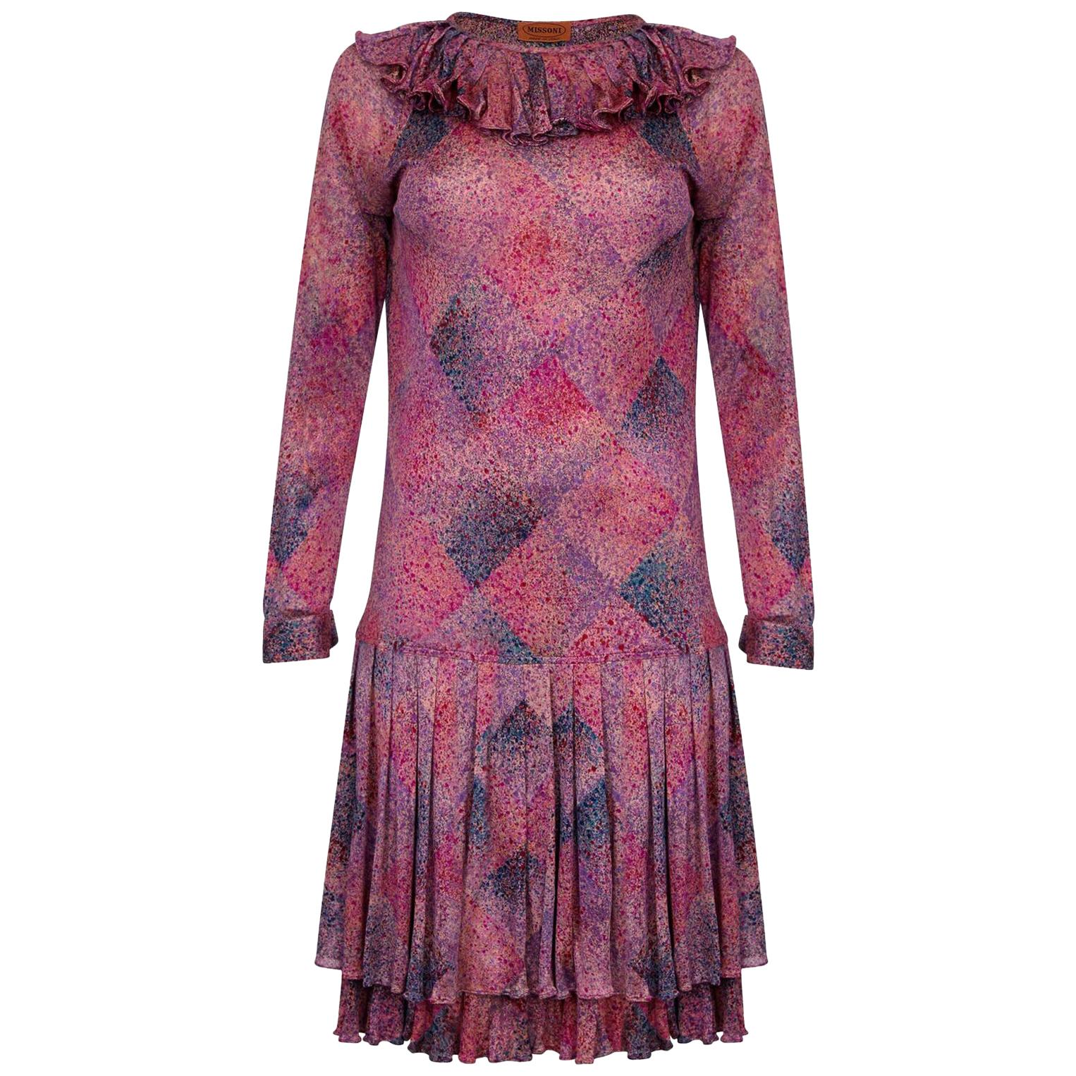 Missoni 1970s Silk Harlequin Paint Effect Dress For Sale