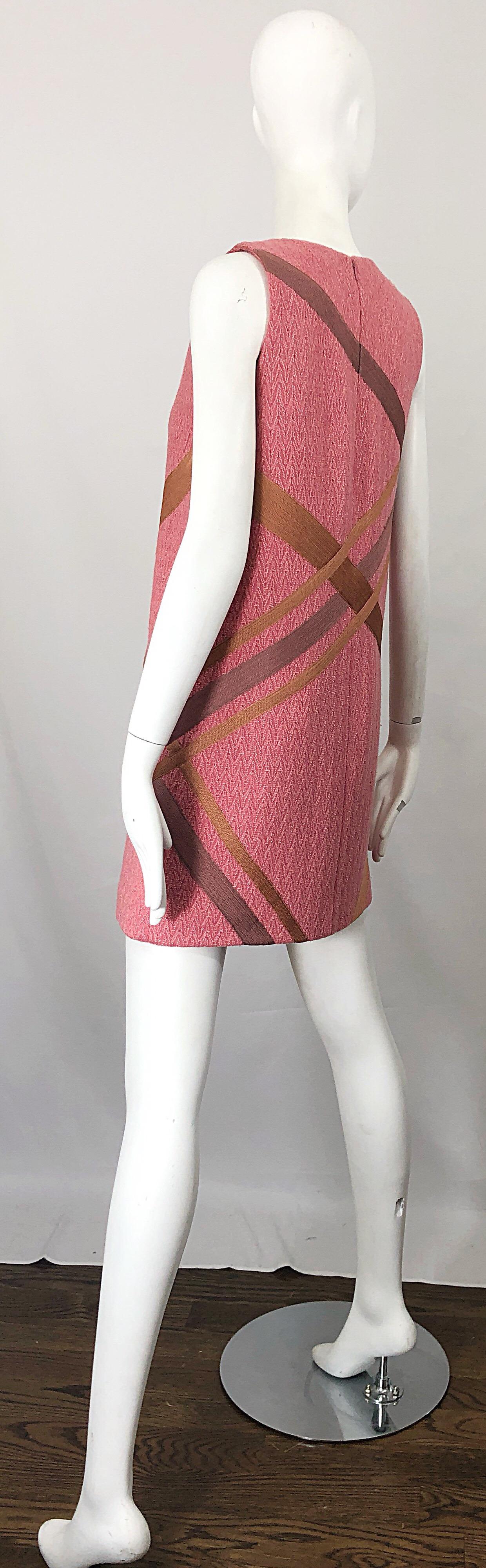 Missoni 1990s Does 1960s Pink + Tan Signature Chevron Print Vintage Shift Dress 6