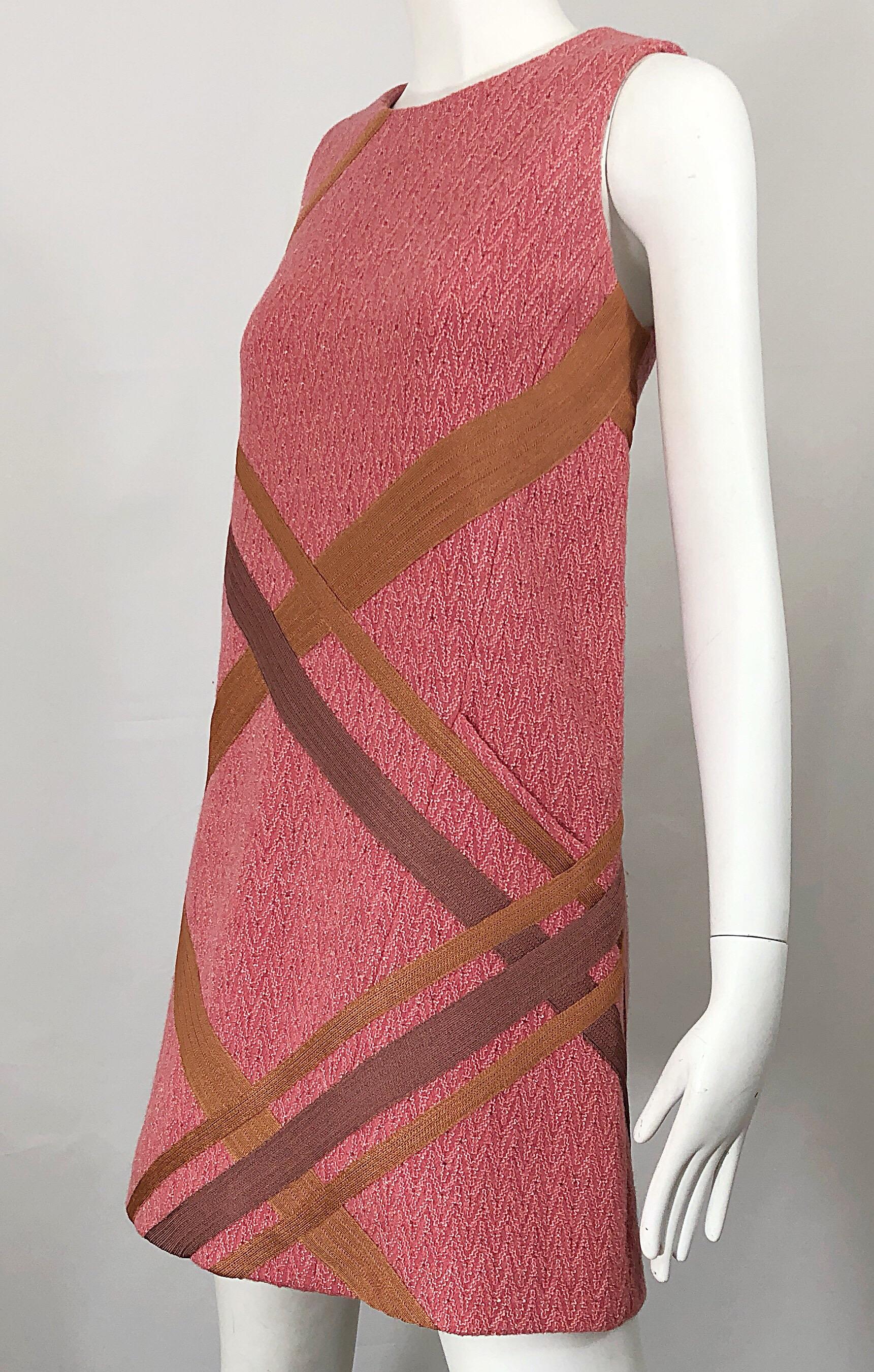 Missoni 1990s Does 1960s Pink + Tan Signature Chevron Print Vintage Shift Dress 7