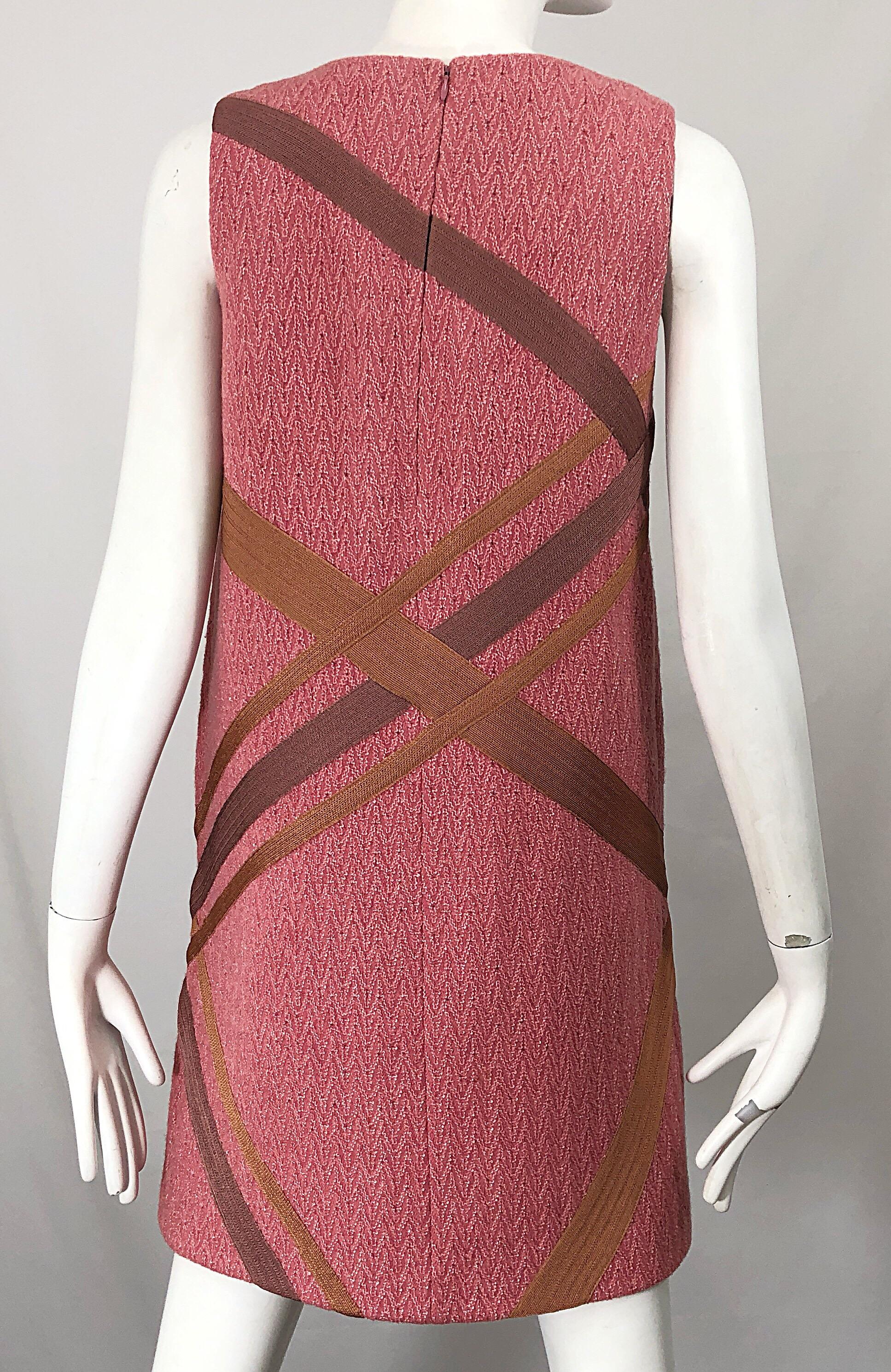 Missoni 1990s Does 1960s Pink + Tan Signature Chevron Print Vintage Shift Dress 8