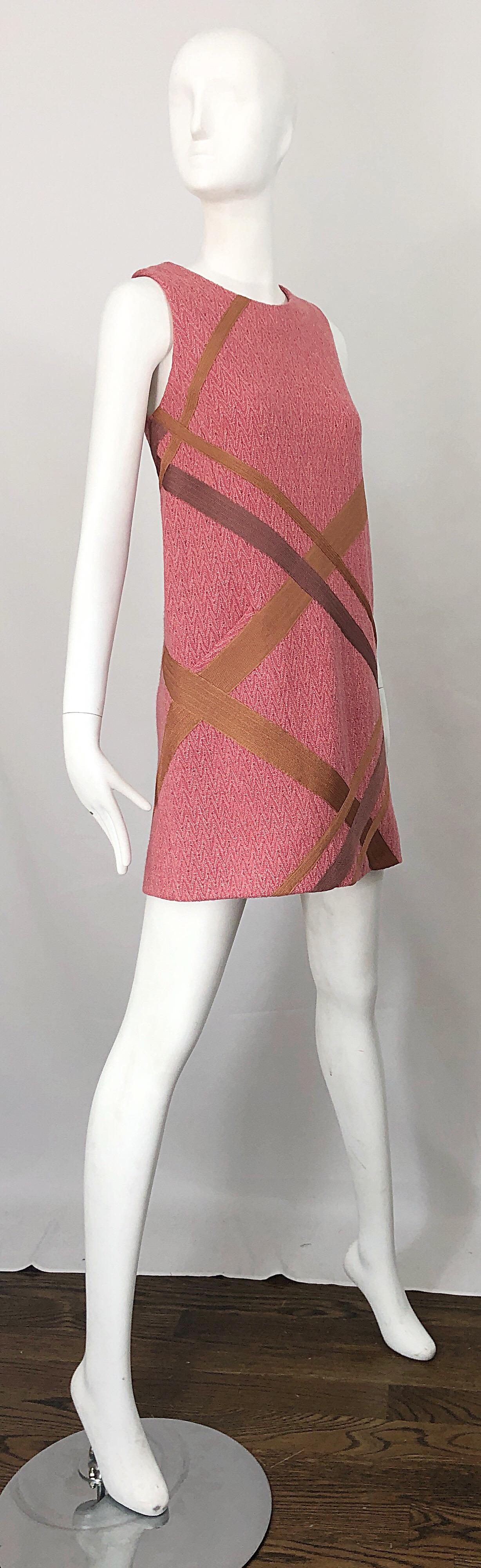 Missoni 1990s Does 1960s Pink + Tan Signature Chevron Print Vintage Shift Dress 9