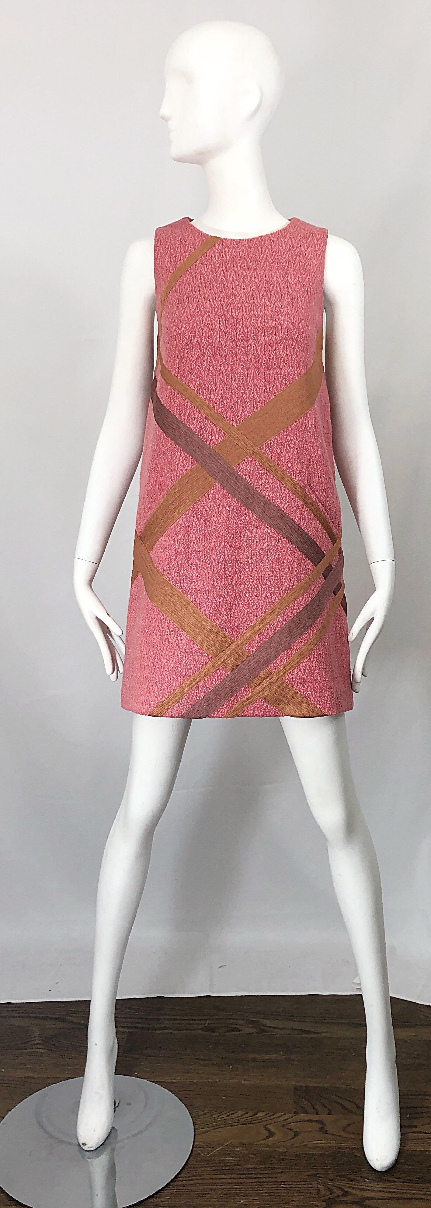 Missoni 1990s Does 1960s Pink + Tan Signature Chevron Print Vintage Shift Dress 10