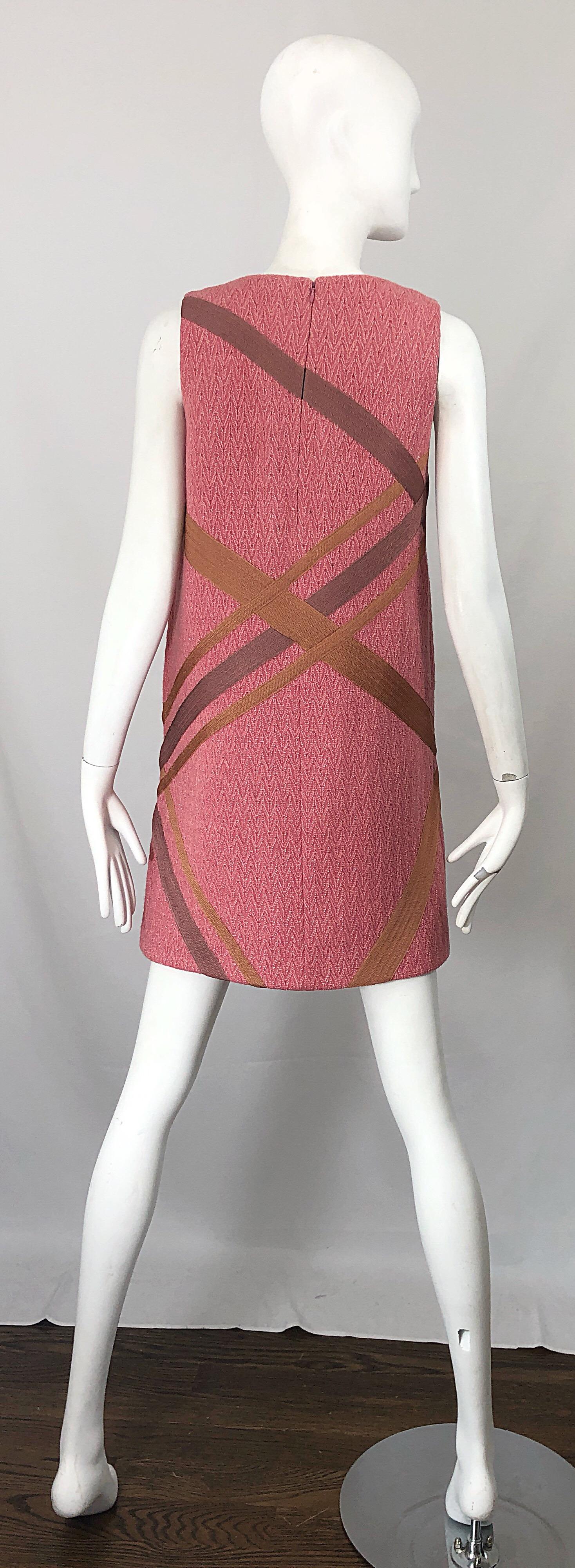 Missoni 1990s Does 1960s Pink + Tan Signature Chevron Print Vintage Shift Dress In Excellent Condition In San Diego, CA