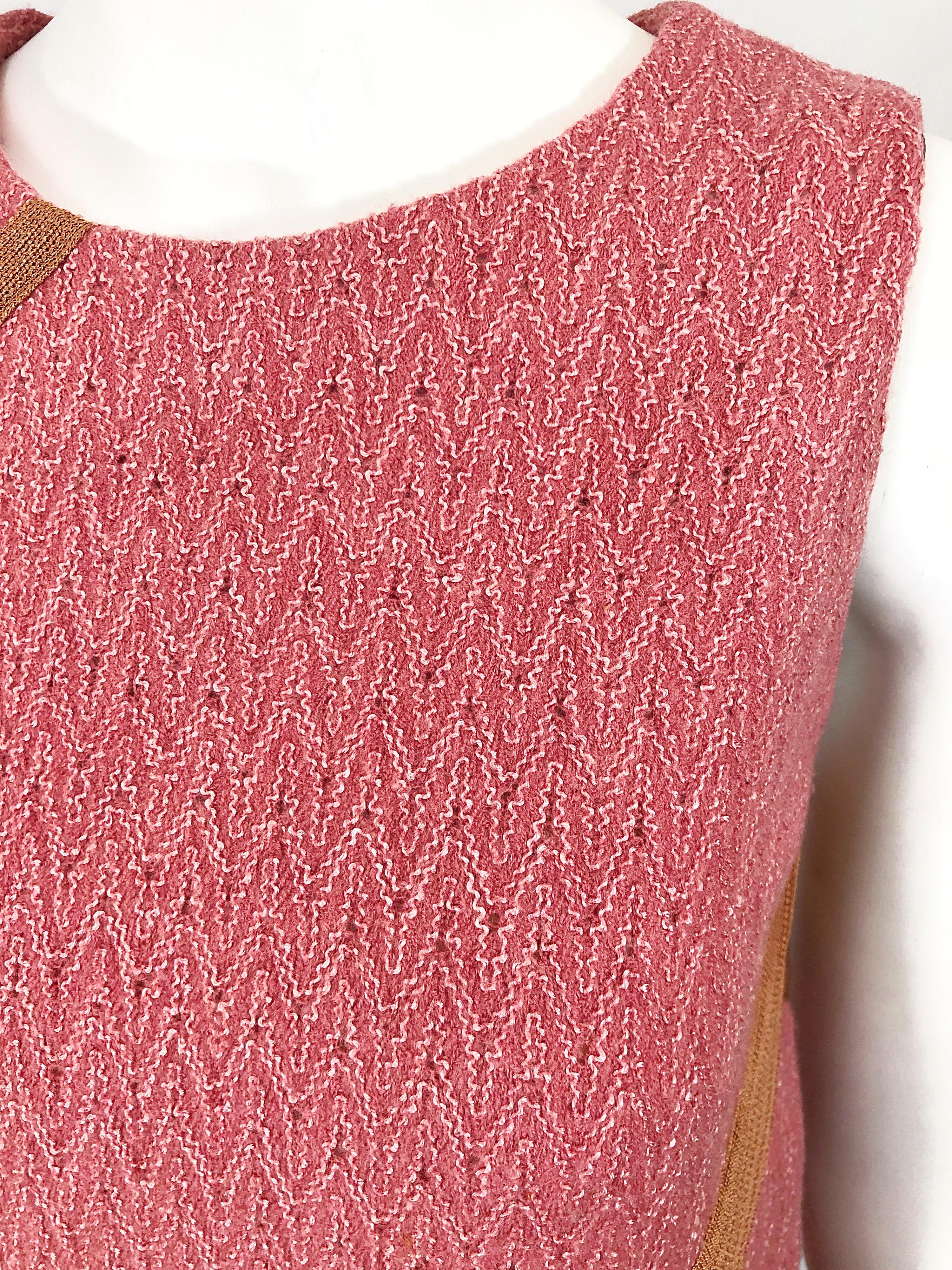 Women's Missoni 1990s Does 1960s Pink + Tan Signature Chevron Print Vintage Shift Dress