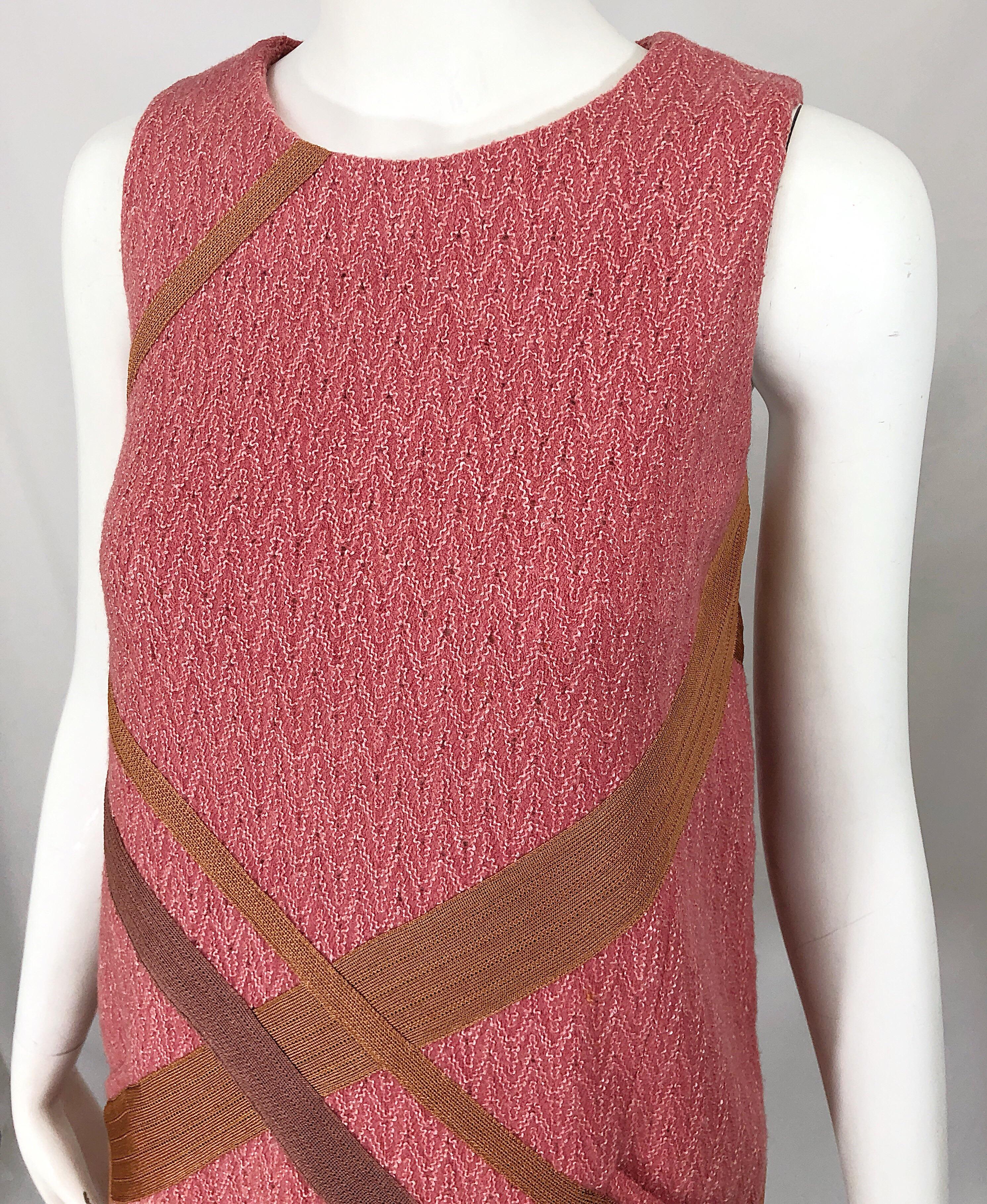 Missoni 1990s Does 1960s Pink + Tan Signature Chevron Print Vintage Shift Dress 1