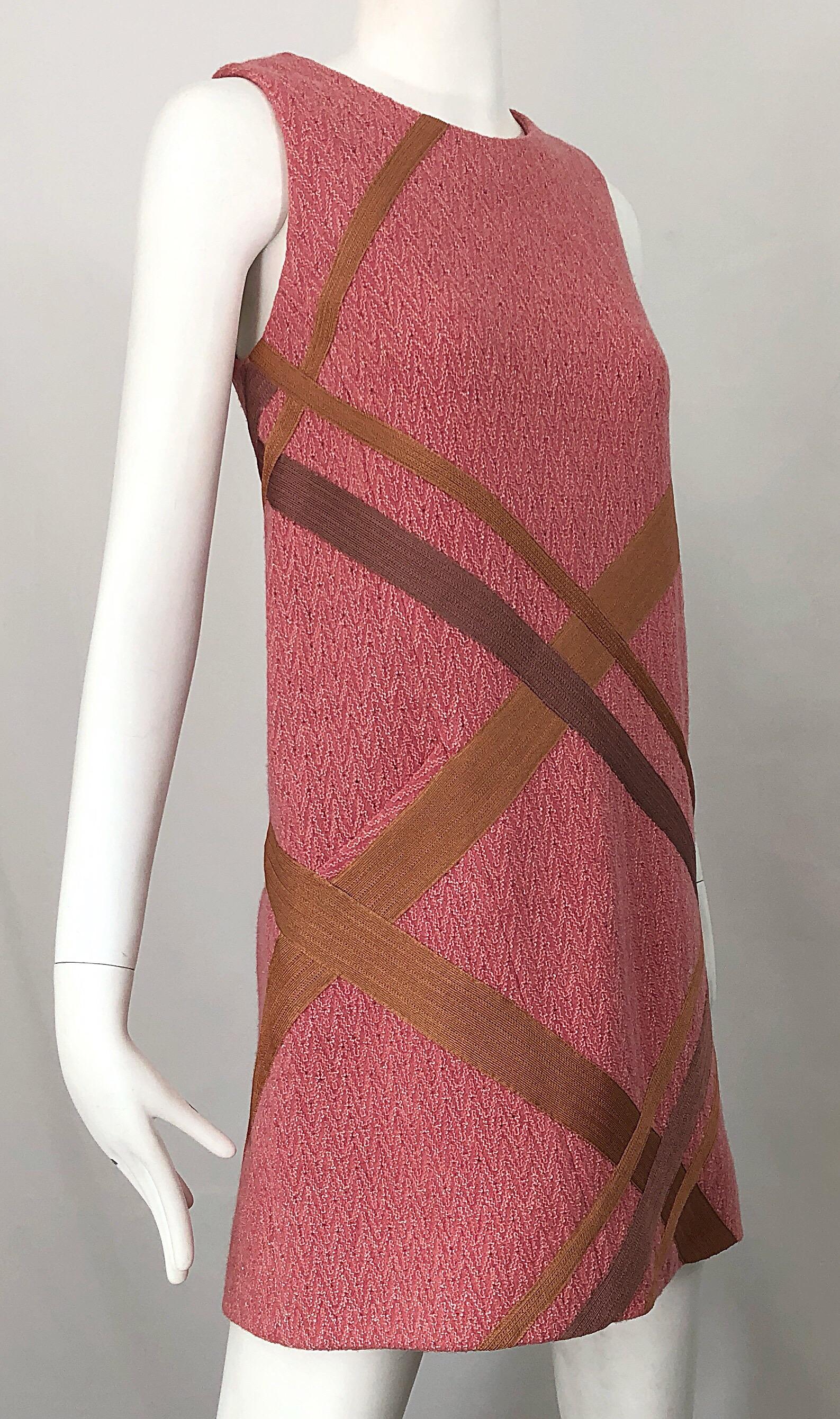 Missoni 1990s Does 1960s Pink + Tan Signature Chevron Print Vintage Shift Dress 2