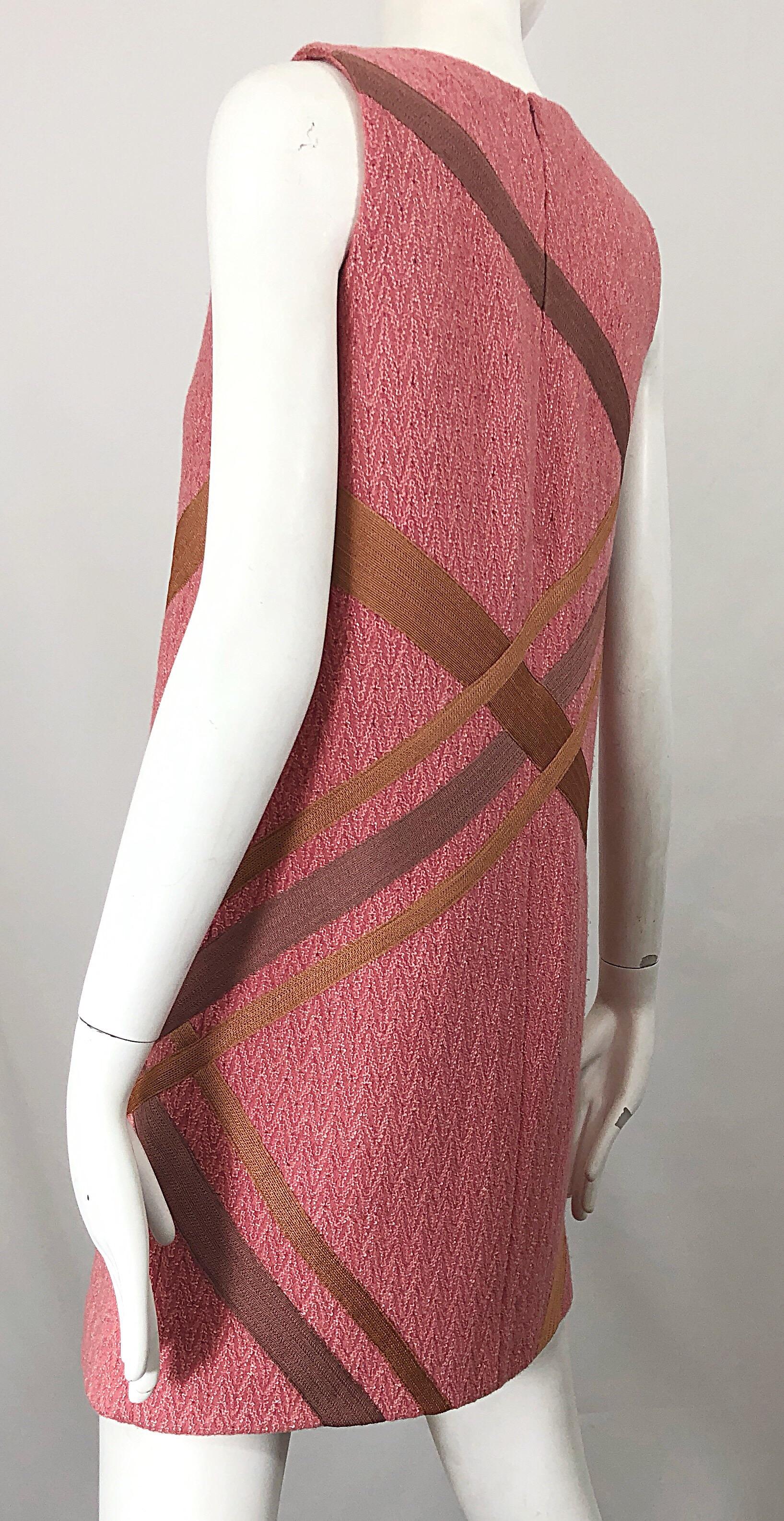 Missoni 1990s Does 1960s Pink + Tan Signature Chevron Print Vintage Shift Dress 3