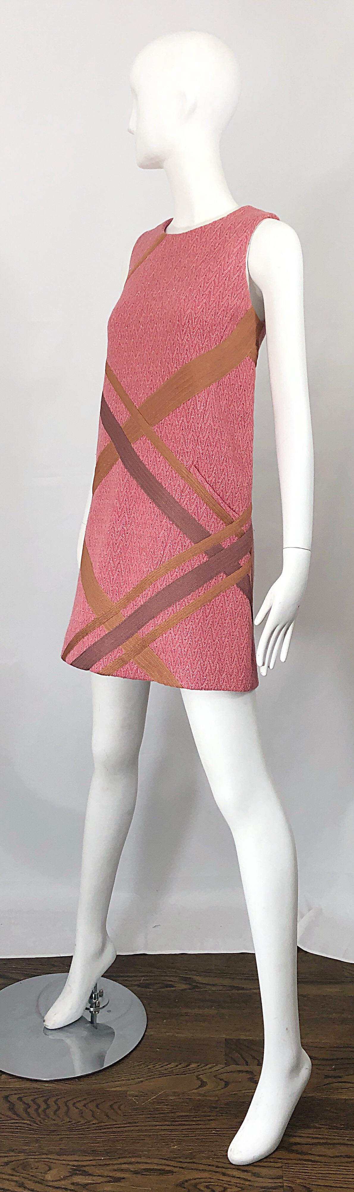 Missoni 1990s Does 1960s Pink + Tan Signature Chevron Print Vintage Shift Dress 4