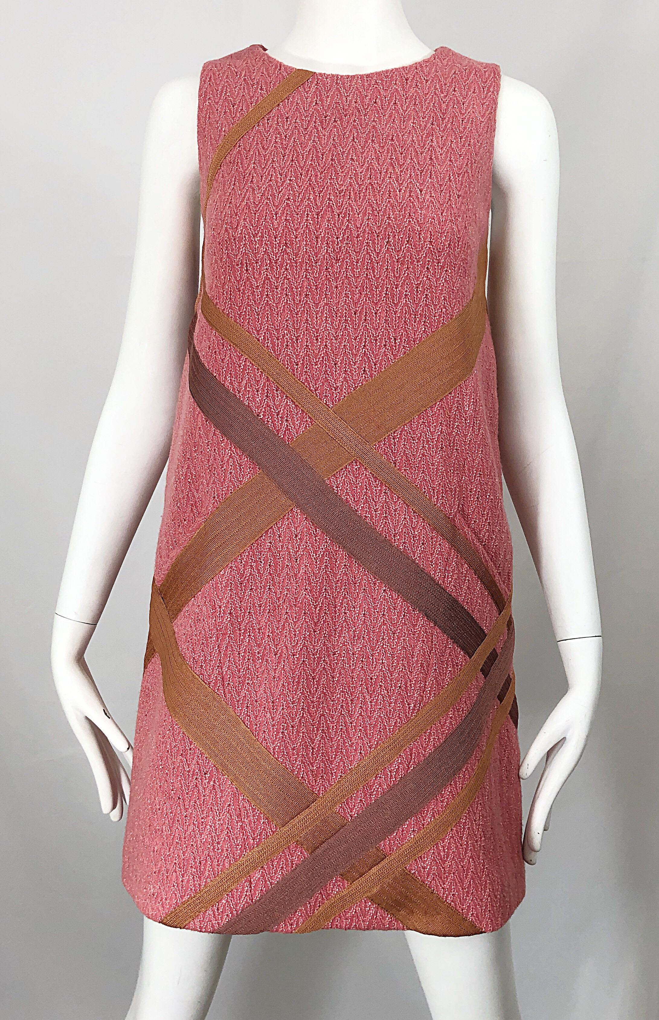 Missoni 1990s Does 1960s Pink + Tan Signature Chevron Print Vintage Shift Dress 5