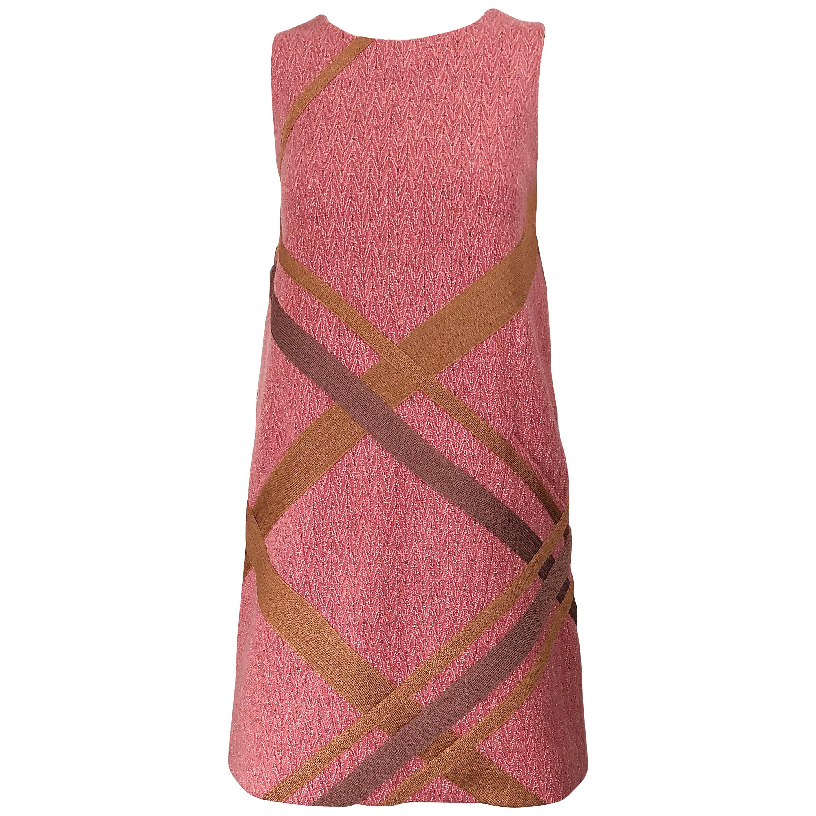 Missoni 1990s Does 1960s Pink + Tan Signature Chevron Print Vintage Shift Dress