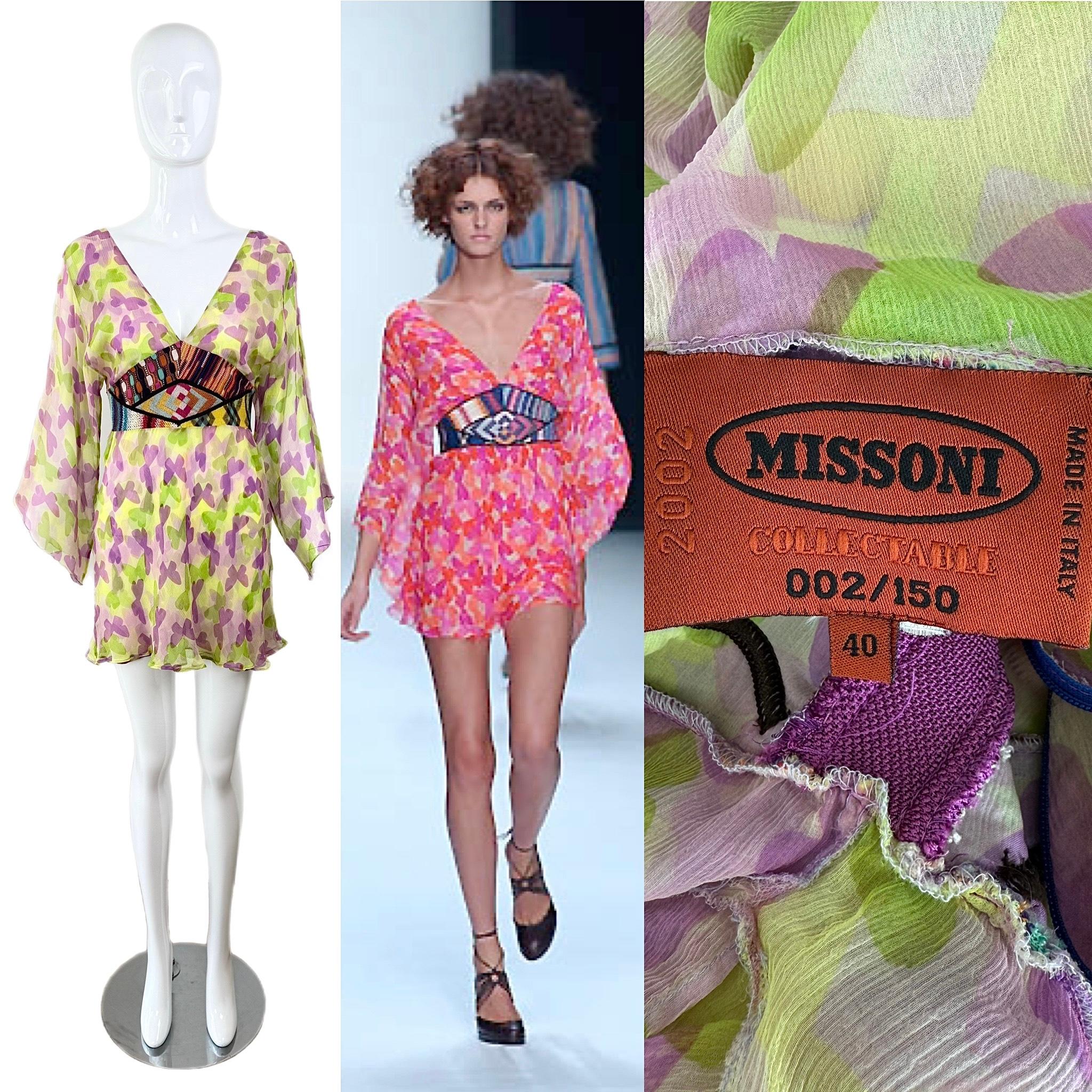 Missoni
SS02
Vintage
Runway
100% Silk
Purple and green abstract butterfly print
Side zip
Size IT40
Excellent condition, minor feeling of wear
Measurements in inches laying flat: length 32, pit to pit 14 to 15, smallest of waist 13.5

FINAL SALE