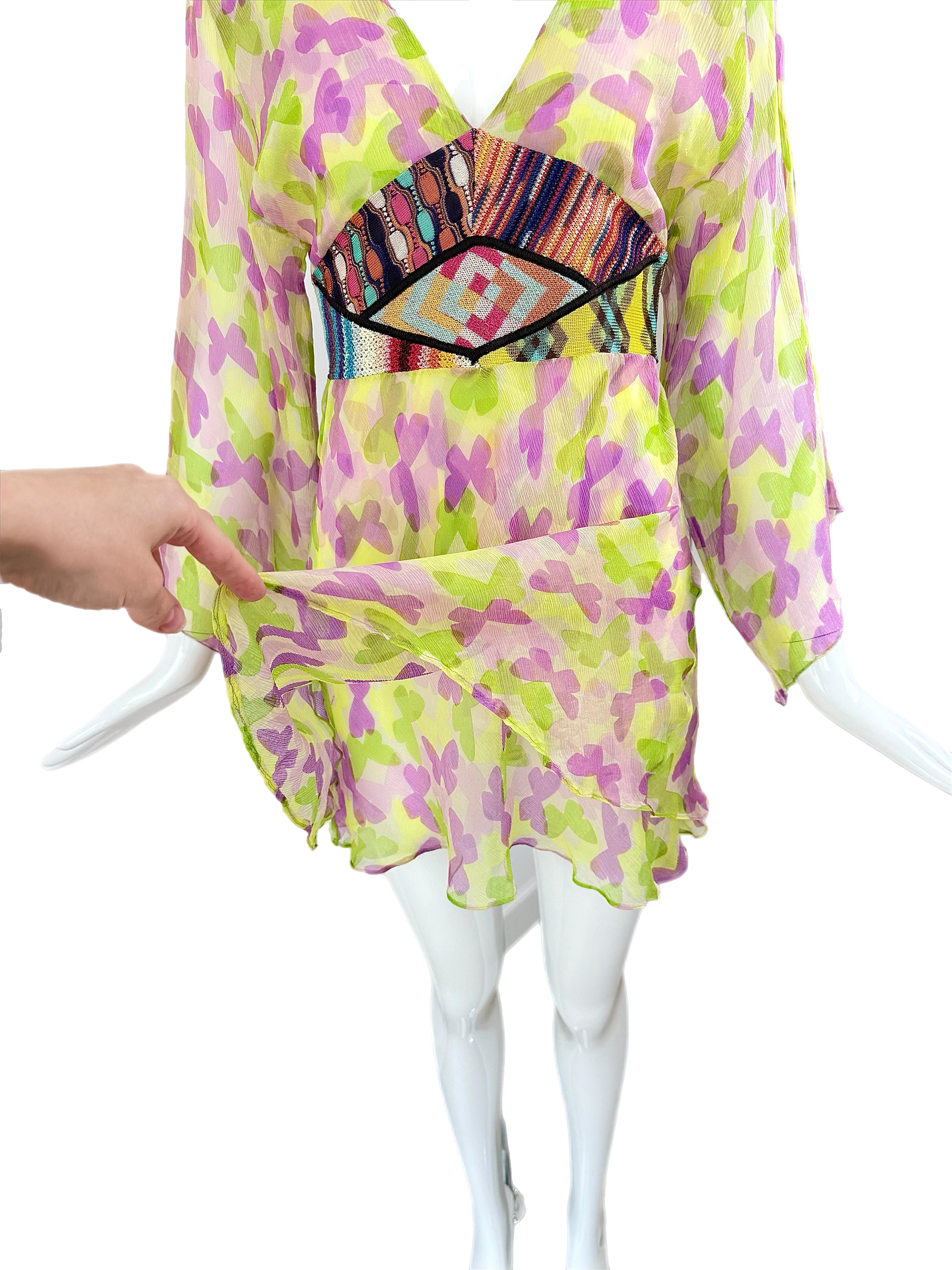 MISSONI 2002 Vintage Runway Silk Kimono Mini Dress Collectable Special Piece In Excellent Condition In Leonardo, NJ
