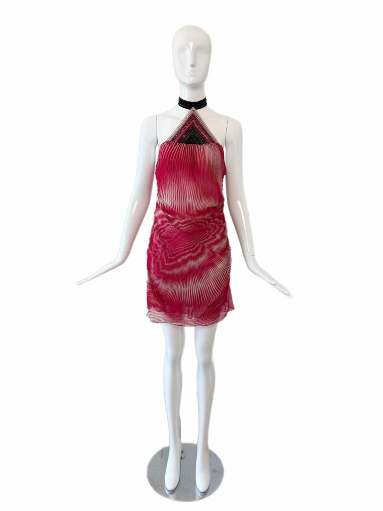 MISSONI 2003 Vintage Runway Silk Embellished Halter Neck Mini Dress For Sale at 1stDibs