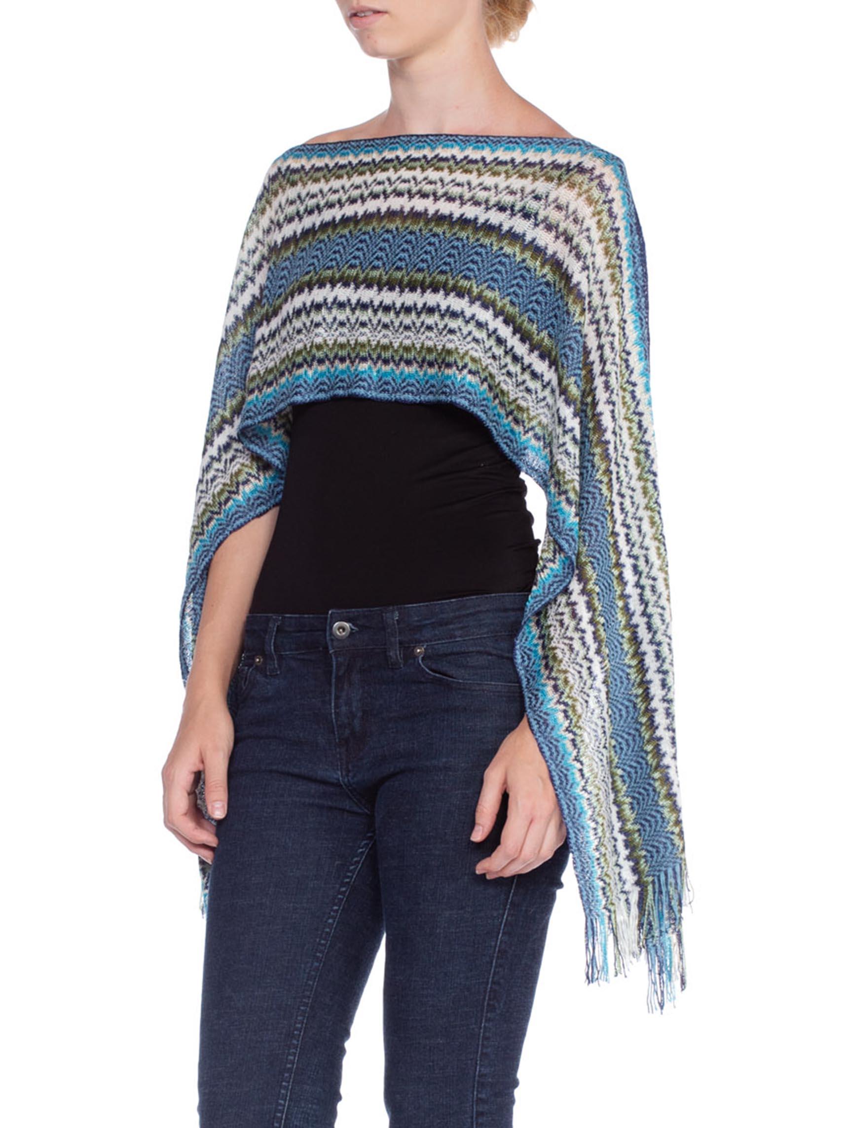 2000S MISSONI Blue & Green Rayon Cotton Knit 5 Way Poncho Scarf Top In Excellent Condition In New York, NY