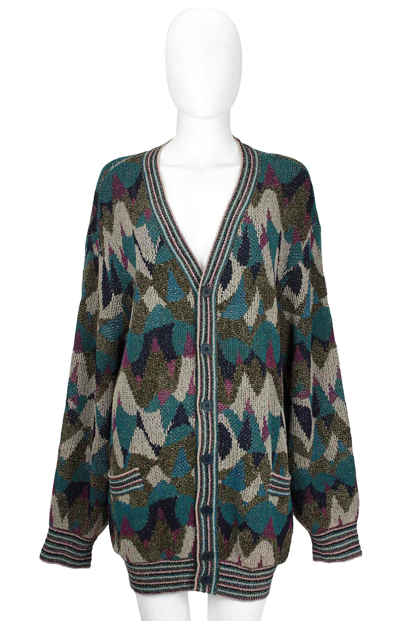 Missoni 
Knit v-neck cardigan 
Knit stripe trim 
Soft weave that stretches 
Viscose blend
Abstract pattern
Navy buttons 