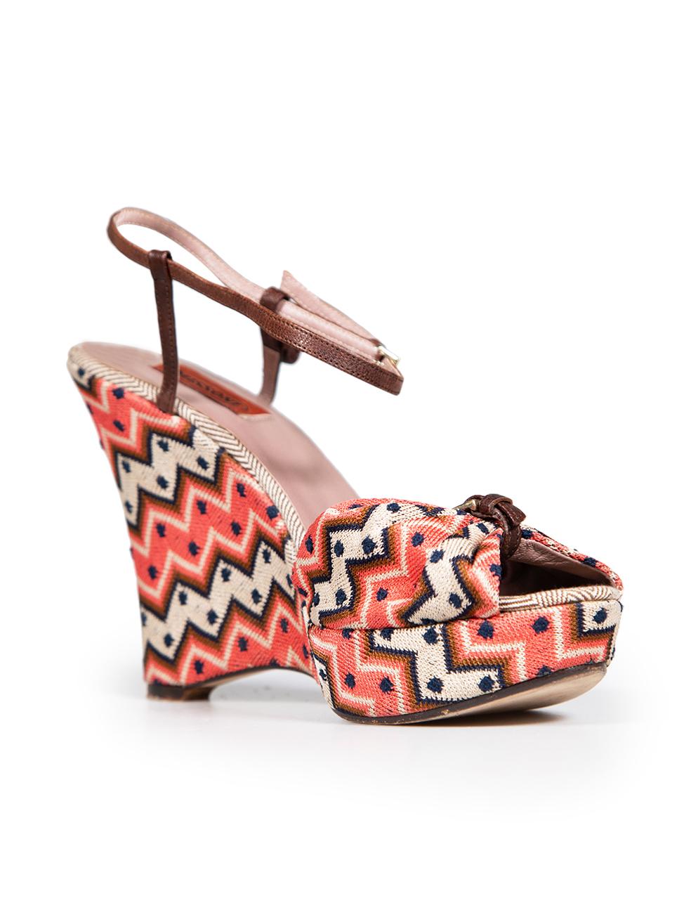 CONDITION is Very good. Hardly any visible wear to wedges is evident on this used Missoni designer resale item.
 Details
 Multicolour
 Cloth textile
 Wedge sandals
 Open toe
 Ankle straps
 High heels
 Abstract pattern
 Front buckle detail
 
 
 Made