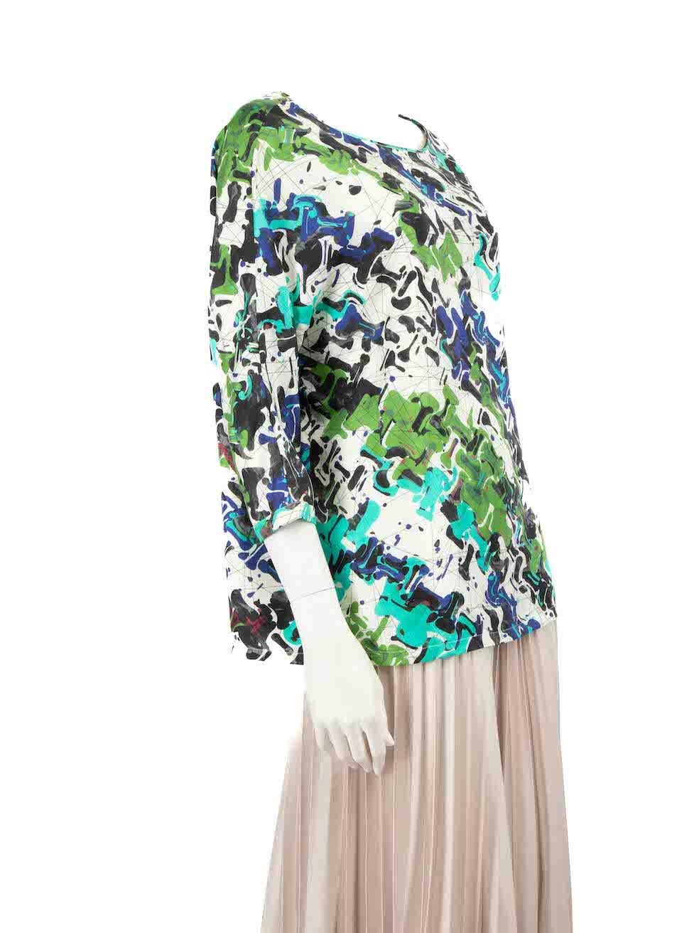 CONDITION is Very good. Hardly any visible wear to top is evident on this used Missoni designer resale item.
 
 Details
 Multicolour- white, black, green, blue
 Silk
 Top
 Round neck
 Long sleeves
 Abstract print
 Oversized fit
 
 
 Made in Romania
